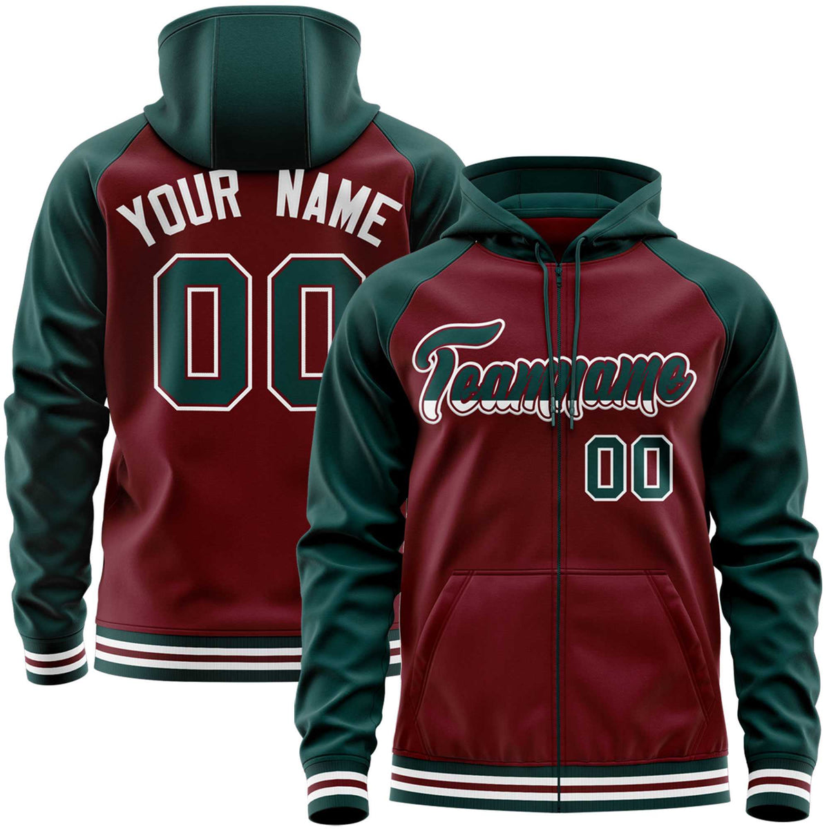 Custom Stitched Crimson Midnight Green Raglan Sleeves Sports Full-Zip Sweatshirt Hoodie| KXKSHOP