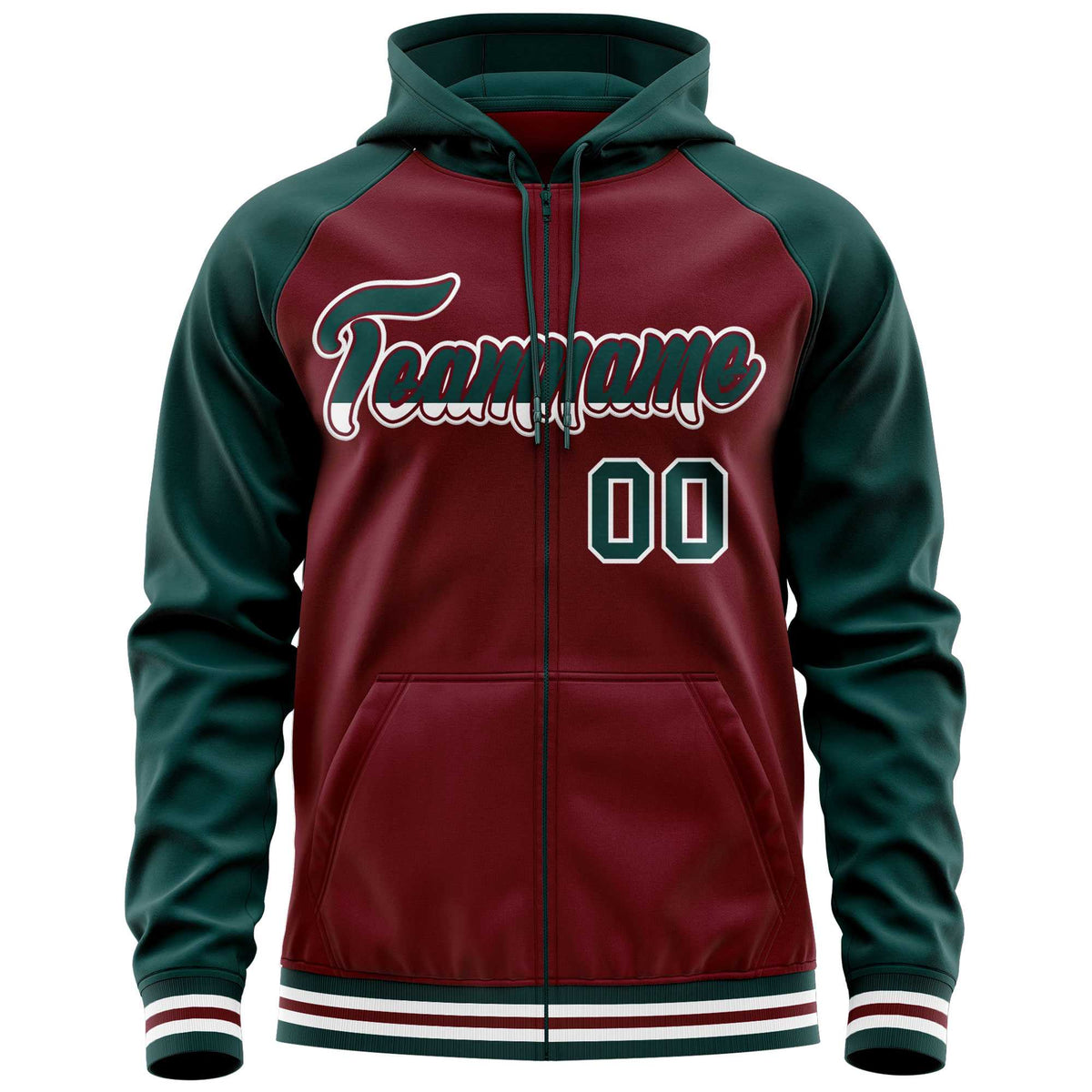 Custom Stitched Crimson Midnight Green Raglan Sleeves Sports Full-Zip Sweatshirt Hoodie| KXKSHOP
