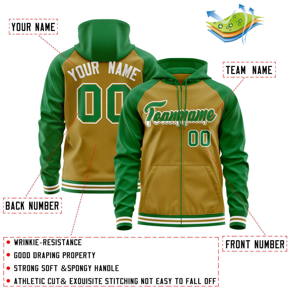 Custom Stitched Old Gold Kelly Green Raglan Sleeves Sports Full-Zip Sweatshirt Hoodie| KXKSHOP