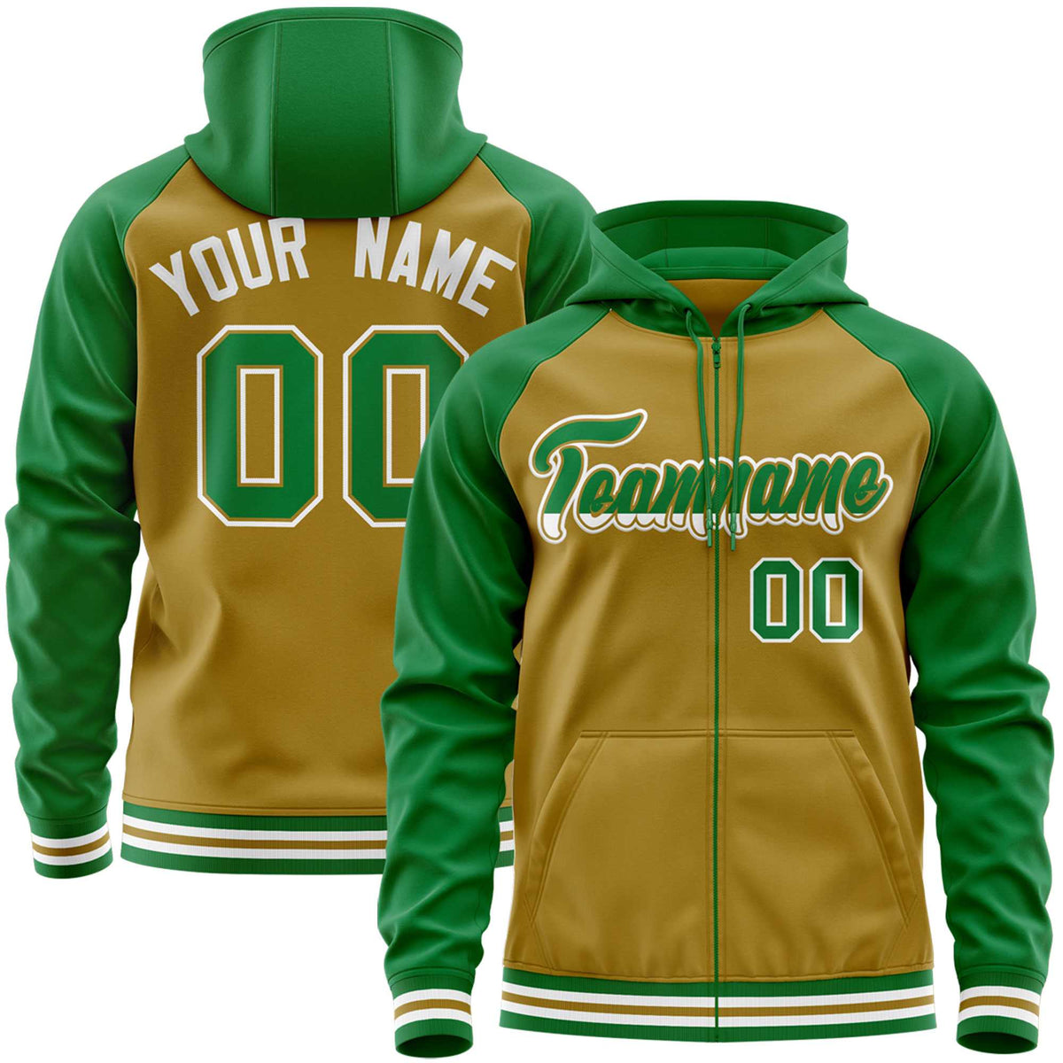 Custom Stitched Old Gold Kelly Green Raglan Sleeves Sports Full-Zip Sweatshirt Hoodie| KXKSHOP