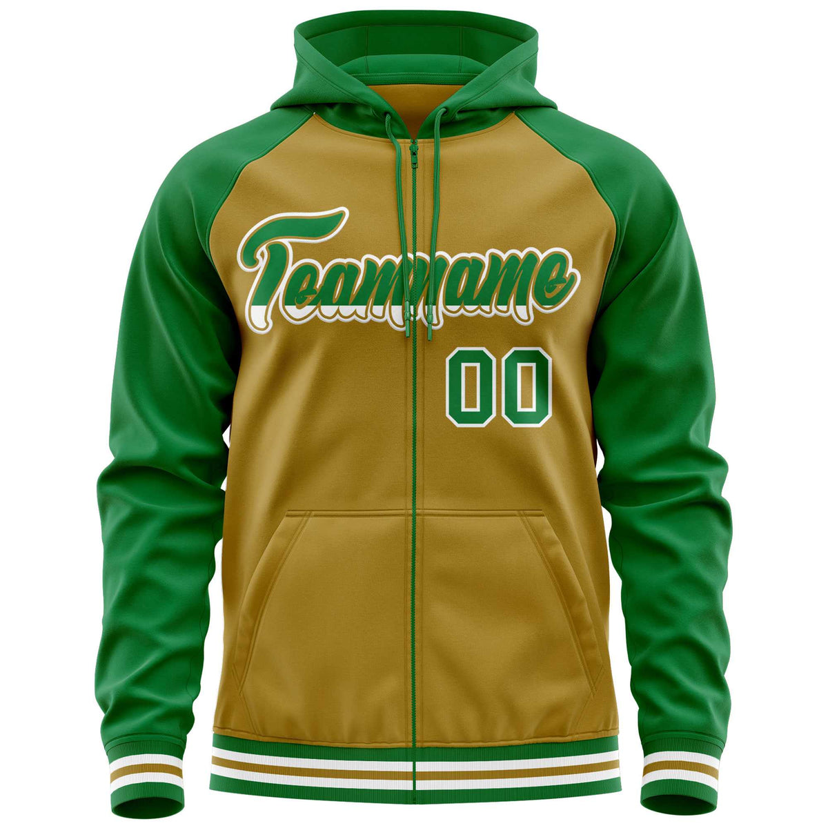 Custom Stitched Old Gold Kelly Green Raglan Sleeves Sports Full-Zip Sweatshirt Hoodie| KXKSHOP