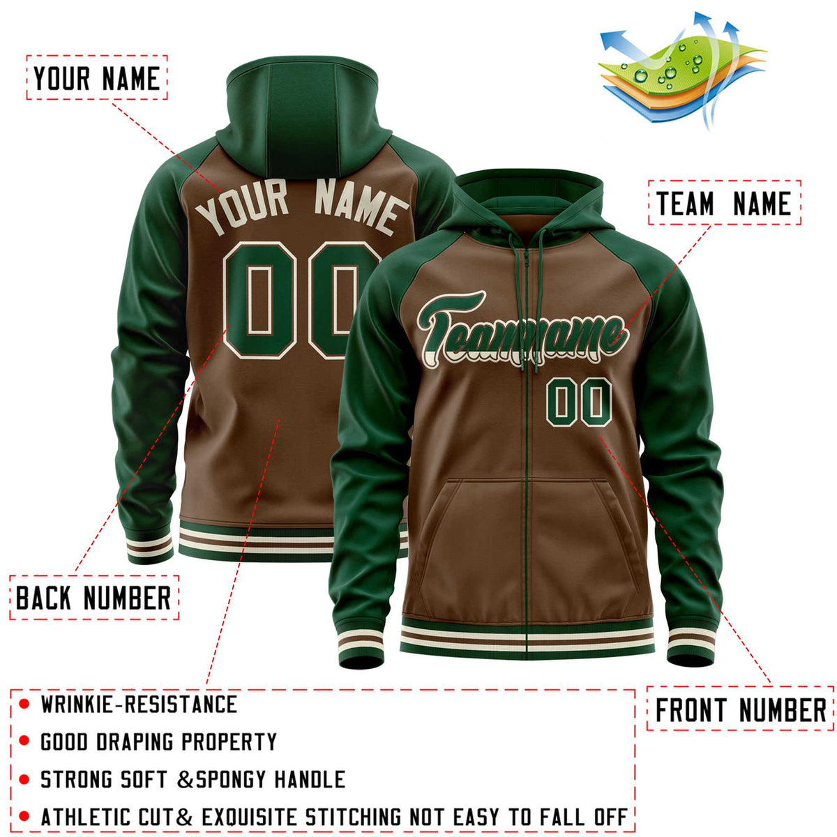 Custom Stitched Light Brown Green Raglan Sleeves Sports Full-Zip Sweatshirt Hoodie| KXKSHOP