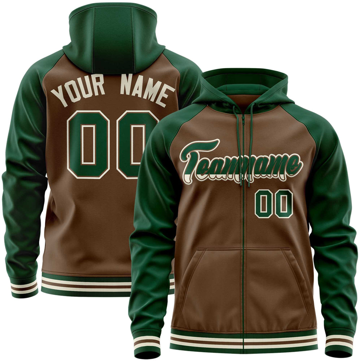 Custom Stitched Light Brown Green Raglan Sleeves Sports Full-Zip Sweatshirt Hoodie| KXKSHOP