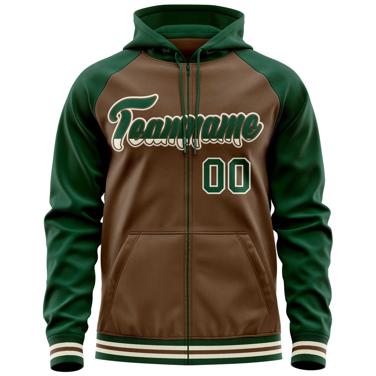 Custom Stitched Light Brown Green Raglan Sleeves Sports Full-Zip Sweatshirt Hoodie| KXKSHOP