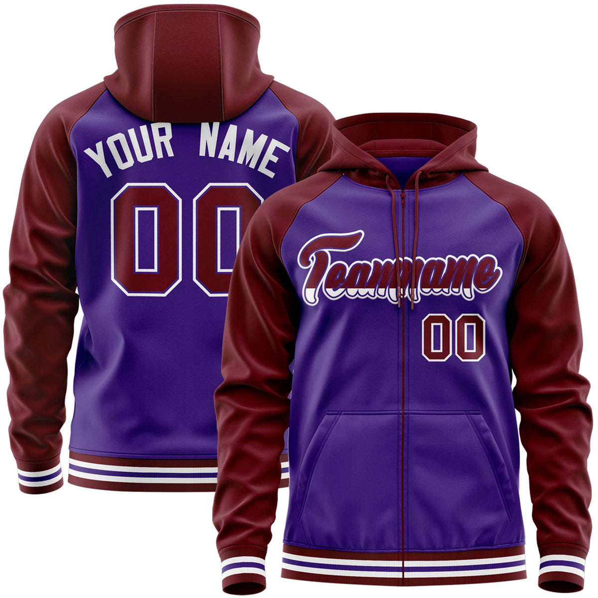 Custom Stitched Purple Crimson Raglan Sleeves Sports Full-Zip Sweatshirt Hoodie| KXKSHOP