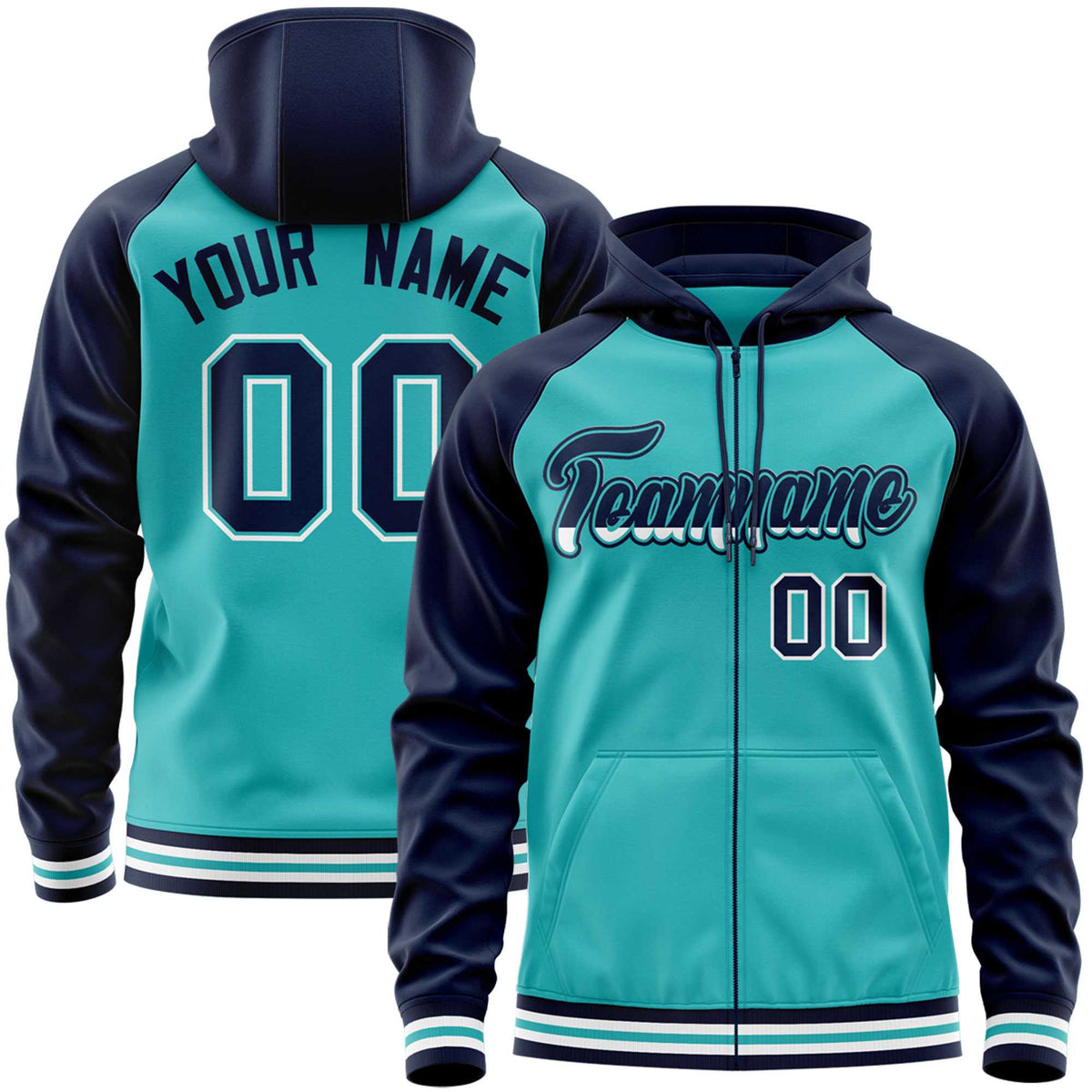 Custom Stitched Aqua Navy Raglan Sleeves Sports Full-Zip Sweatshirt Hoodie| KXKSHOP
