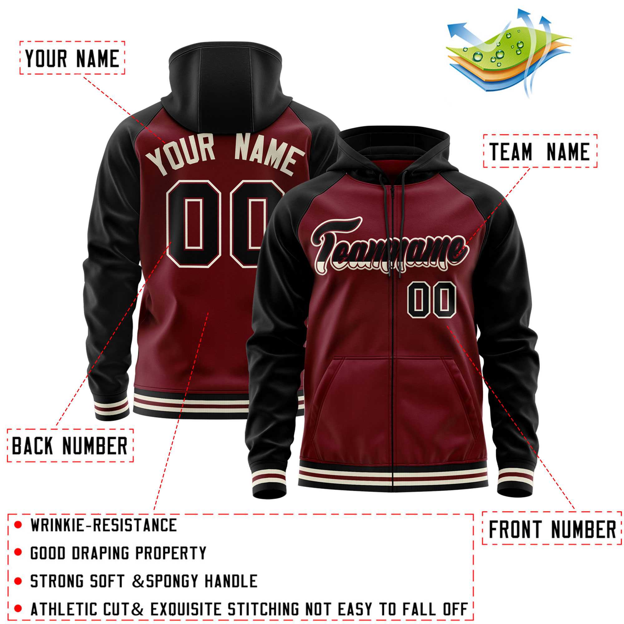 Custom Stitched Crimson Black Raglan Sleeves Sports Full-Zip Sweatshirt Hoodie| KXKSHOP