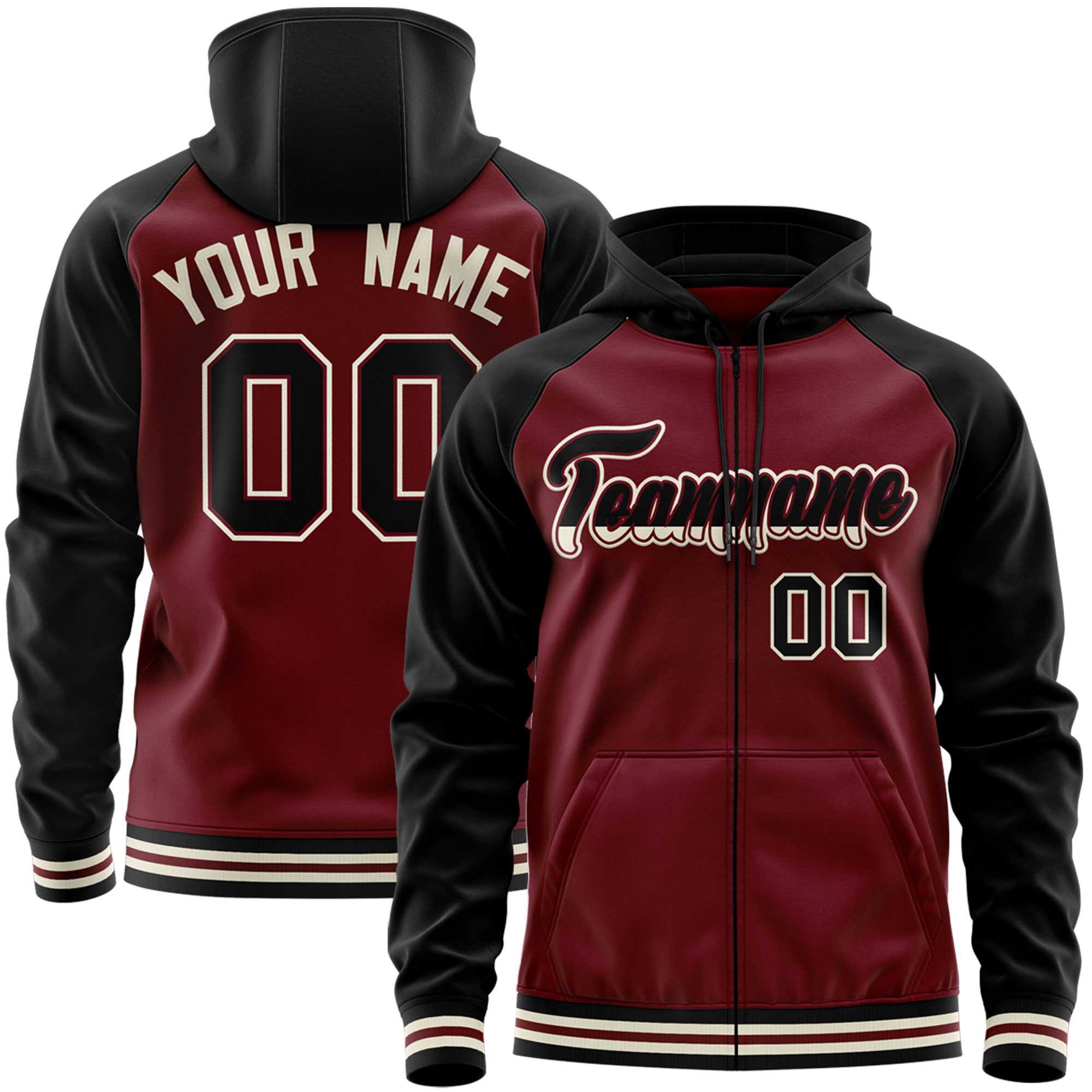 Custom Stitched Crimson Black Raglan Sleeves Sports Full-Zip Sweatshirt Hoodie| KXKSHOP