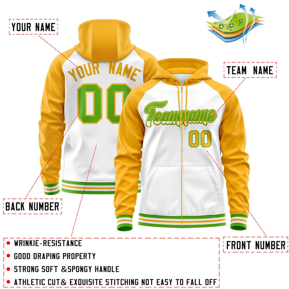 Custom Stitched White Yellow Raglan Sleeves Sports Full-Zip Sweatshirt Hoodie| KXKSHOP