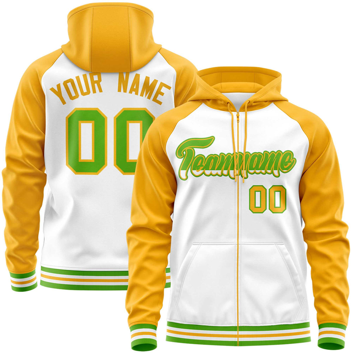Custom Stitched White Yellow Raglan Sleeves Sports Full-Zip Sweatshirt Hoodie| KXKSHOP