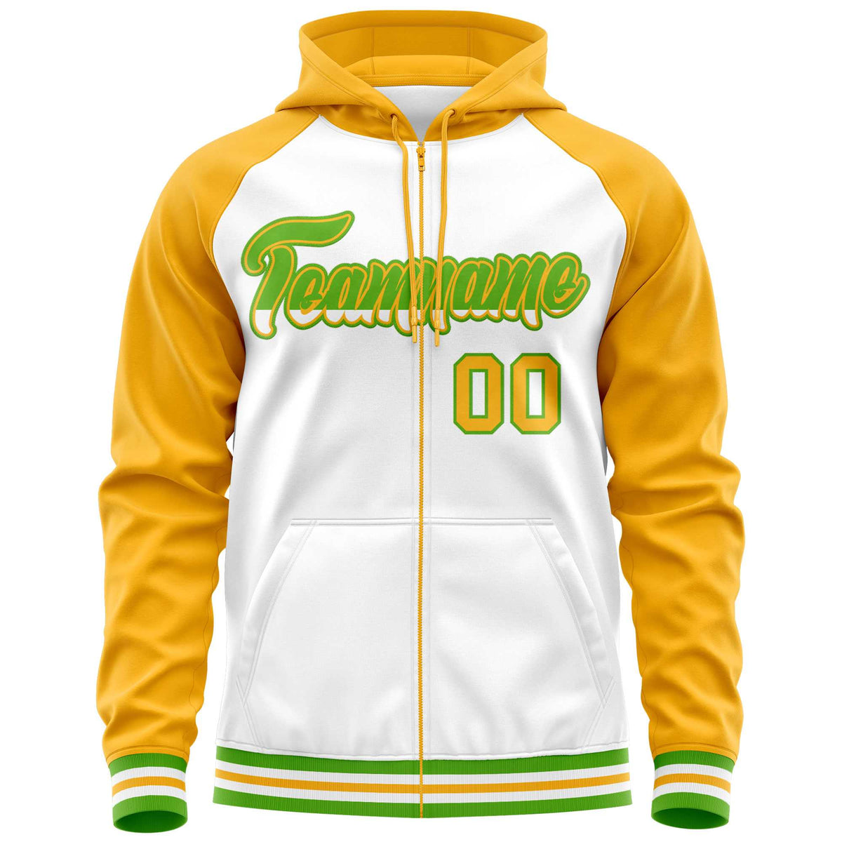 Custom Stitched White Yellow Raglan Sleeves Sports Full-Zip Sweatshirt Hoodie| KXKSHOP