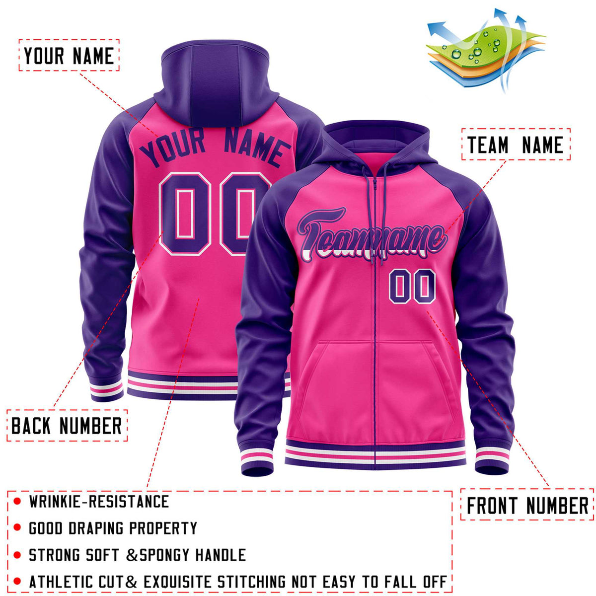 Custom Stitched Pink Purple Raglan Sleeves Sports Full-Zip Sweatshirt Hoodie| KXKSHOP