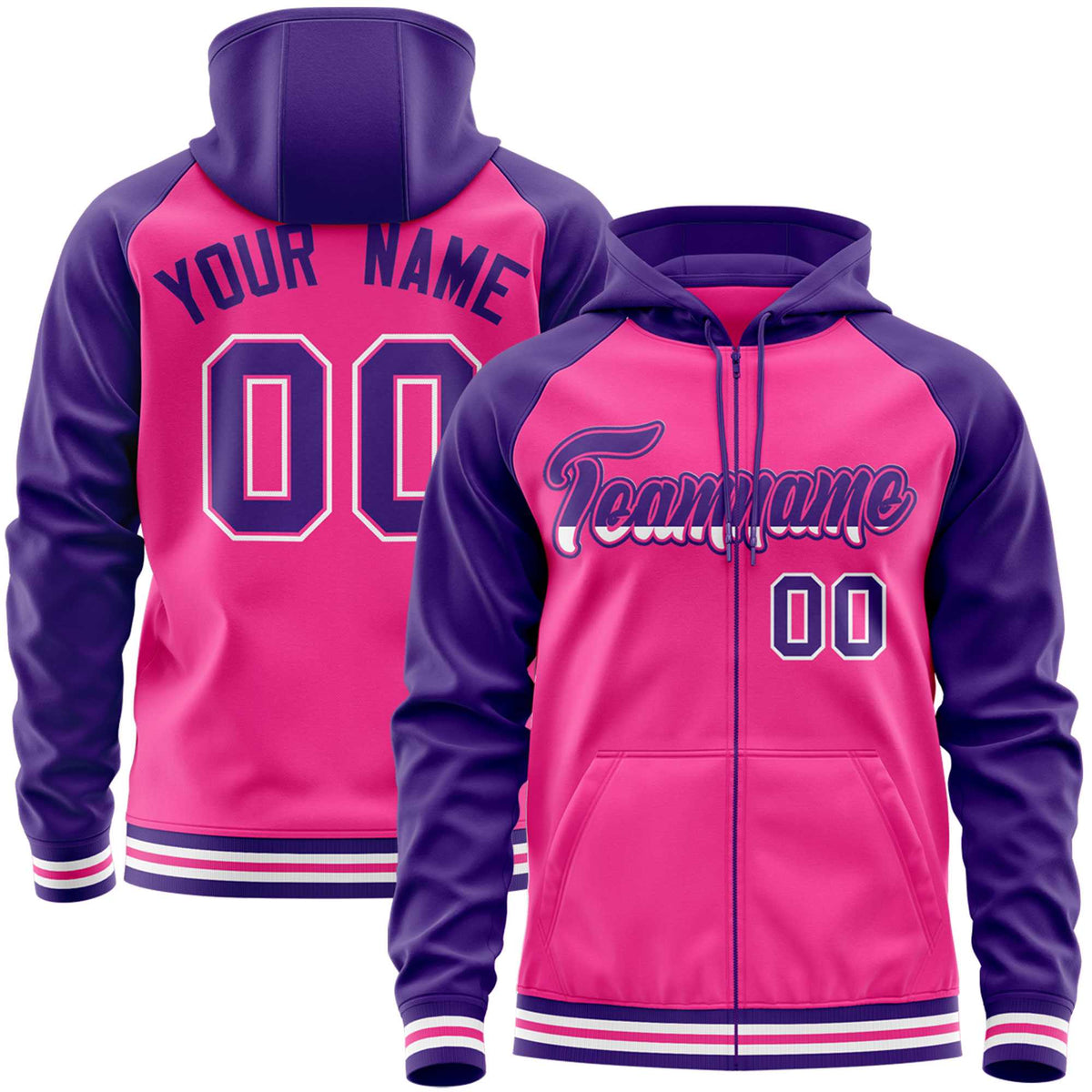 Custom Stitched Pink Purple Raglan Sleeves Sports Full-Zip Sweatshirt Hoodie| KXKSHOP