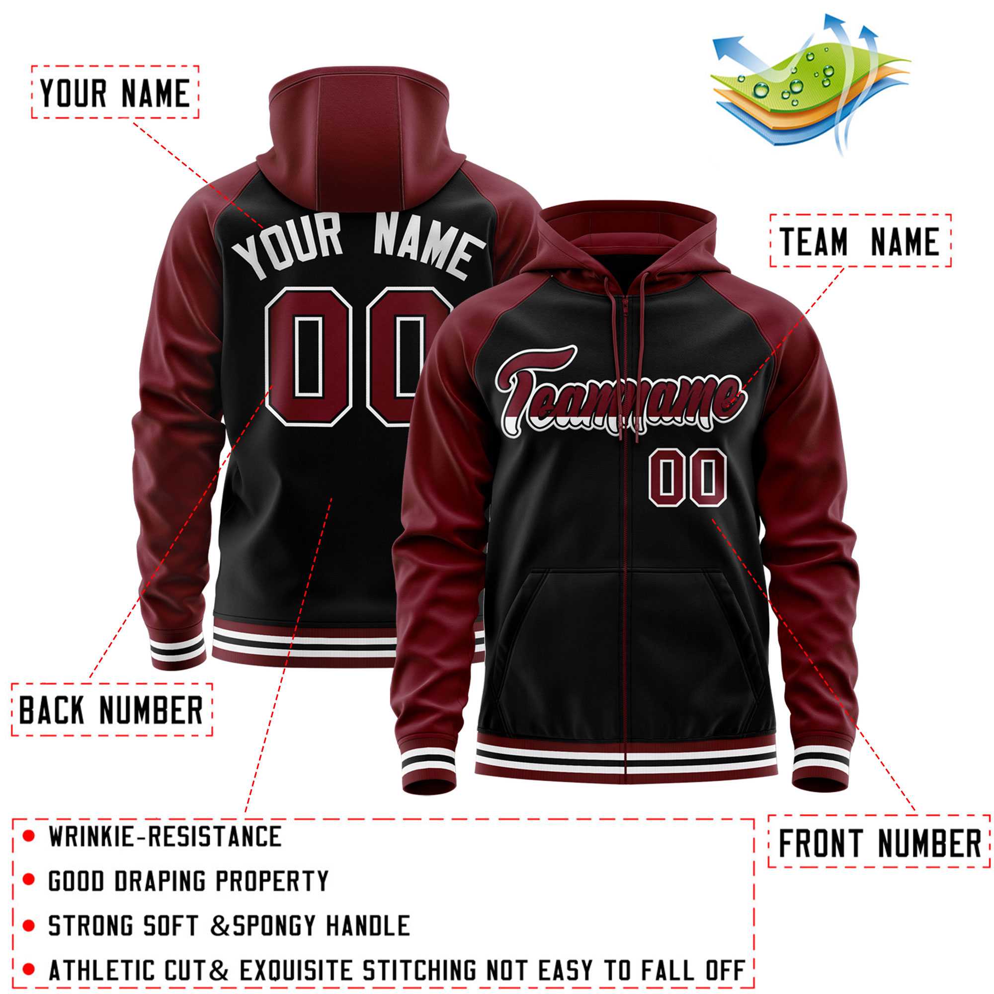 Custom Stitched Black Crimson Raglan Sleeves Sports Full-Zip Sweatshirt Hoodie| KXKSHOP