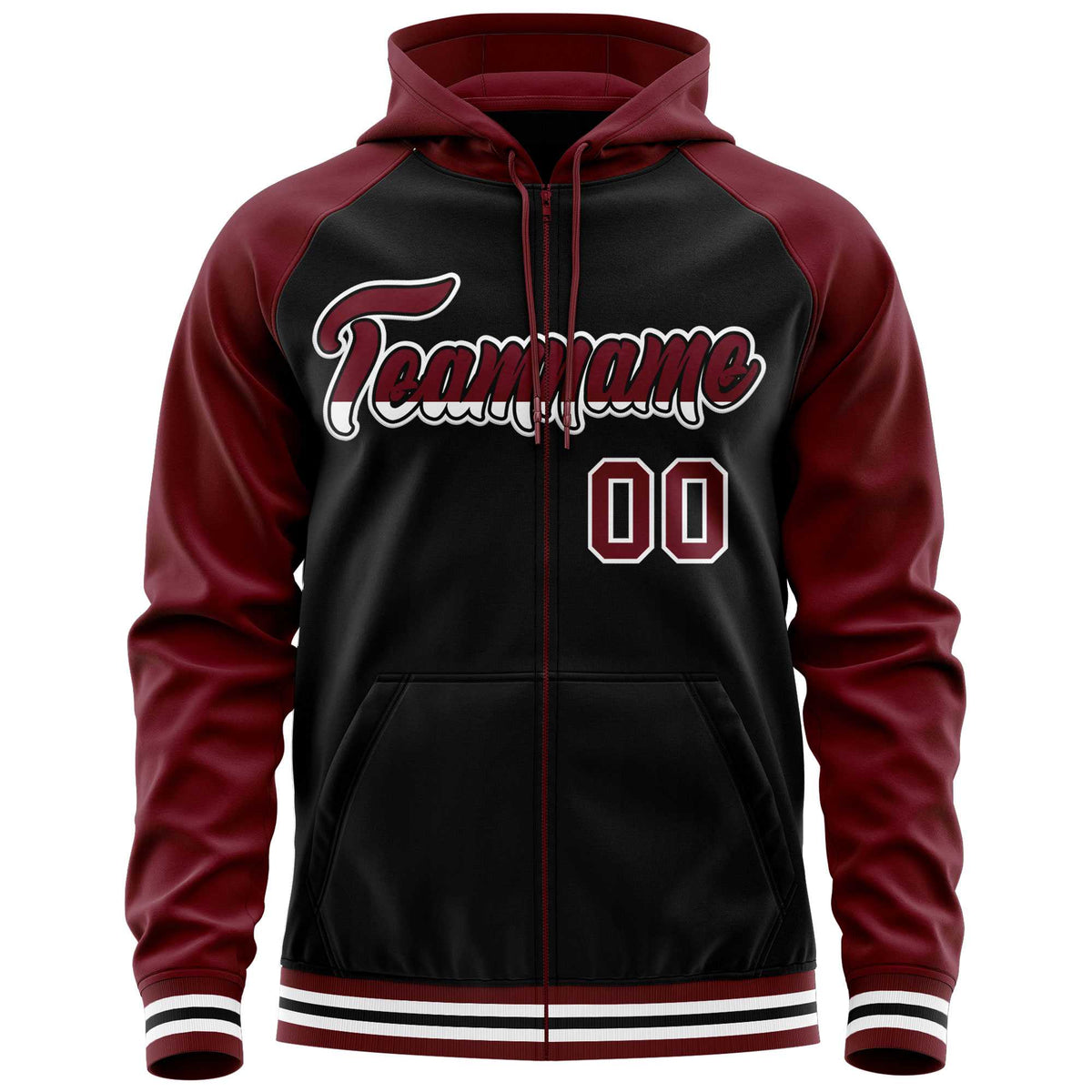 Custom Stitched Black Crimson Raglan Sleeves Sports Full-Zip Sweatshirt Hoodie| KXKSHOP