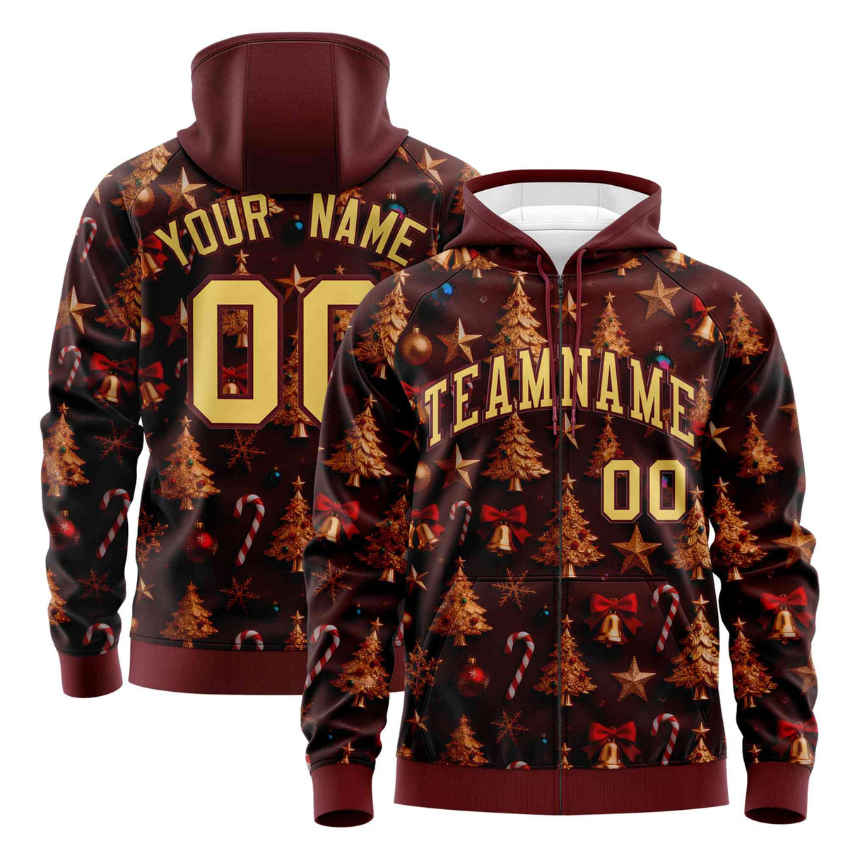 Custom Burgundy Khaki Christmas Graffiti Pattern Athletic Pullover Hoodie