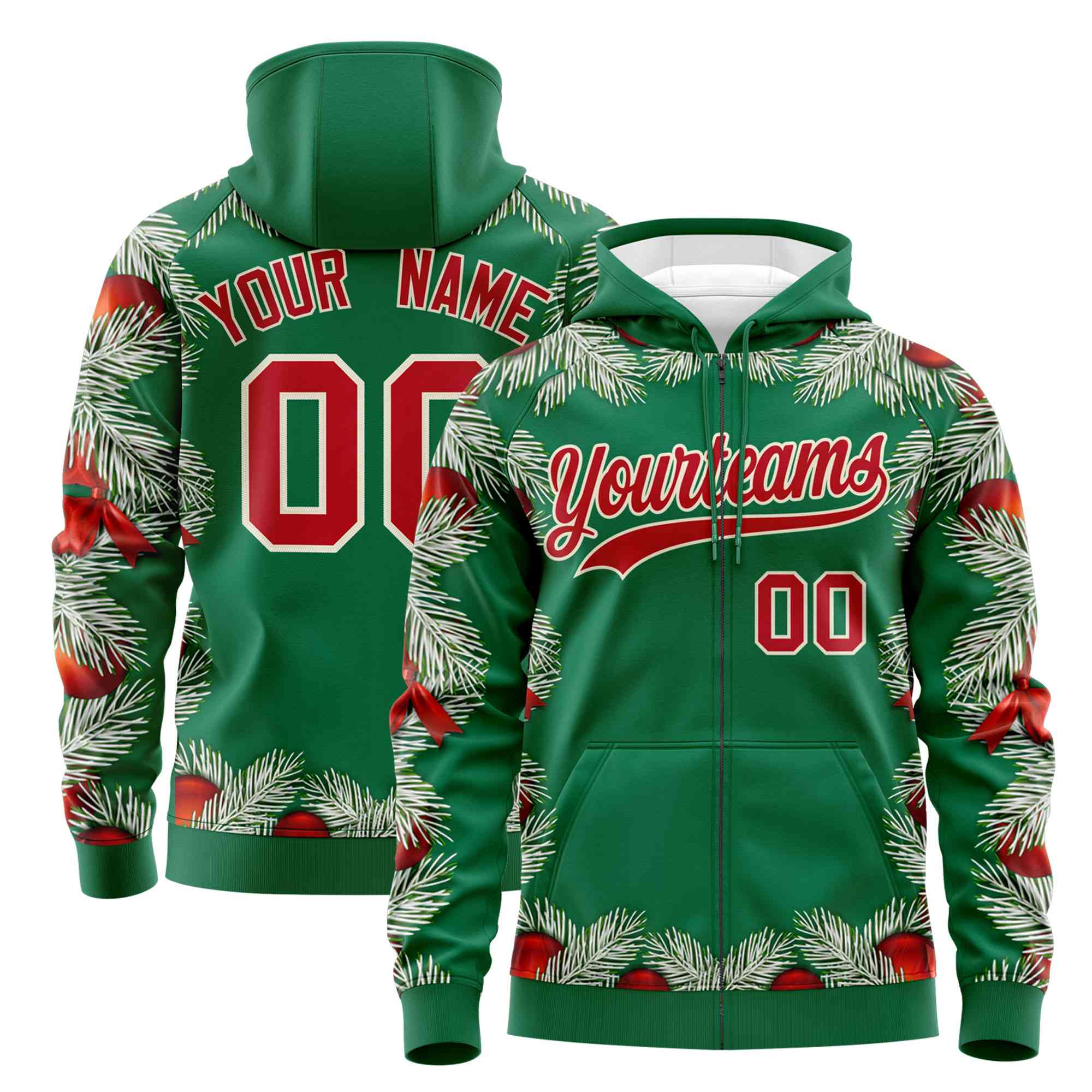 Custom Kelly Green Red Christmas Graffiti Pattern Athletic Pullover Hoodie
