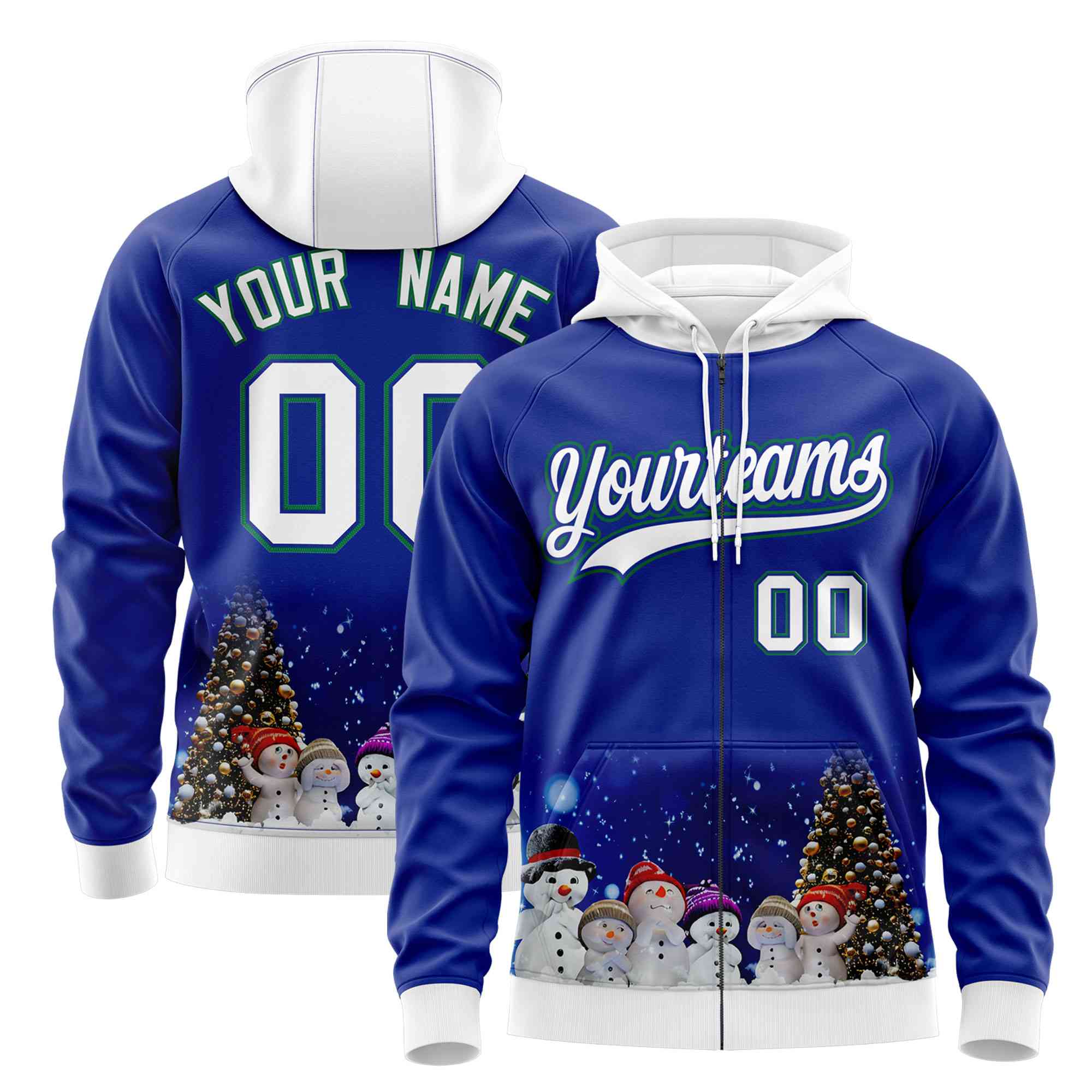 Custom Royal Blue White Christmas Graffiti Pattern Athletic Pullover Hoodie