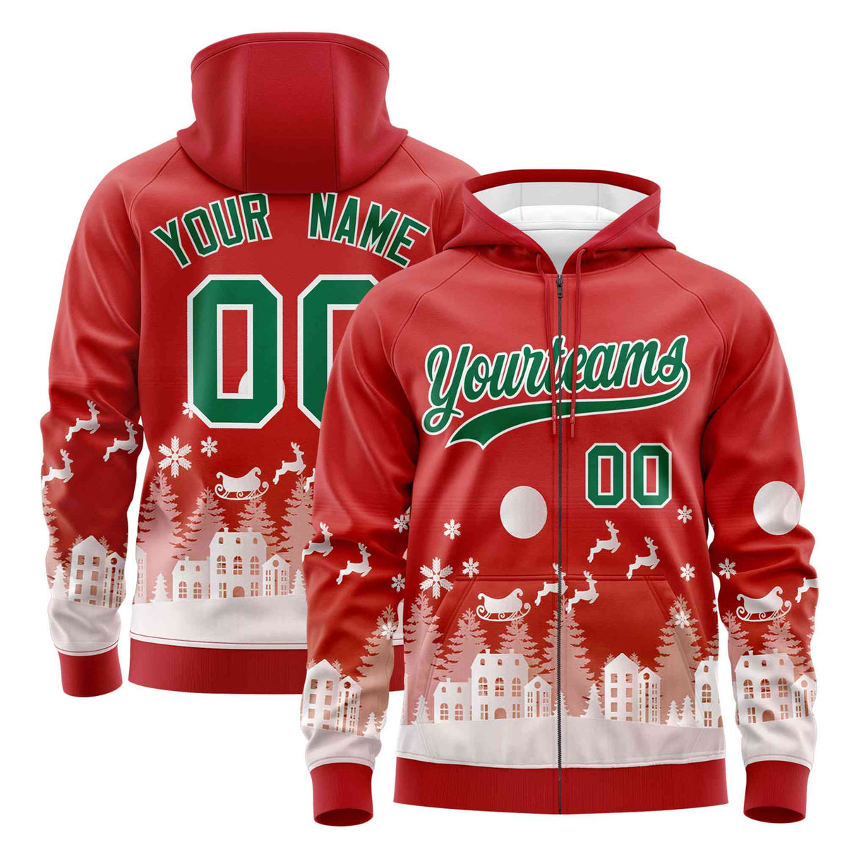Custom Red Kelly Green Christmas Graffiti Pattern Athletic Pullover Hoodie