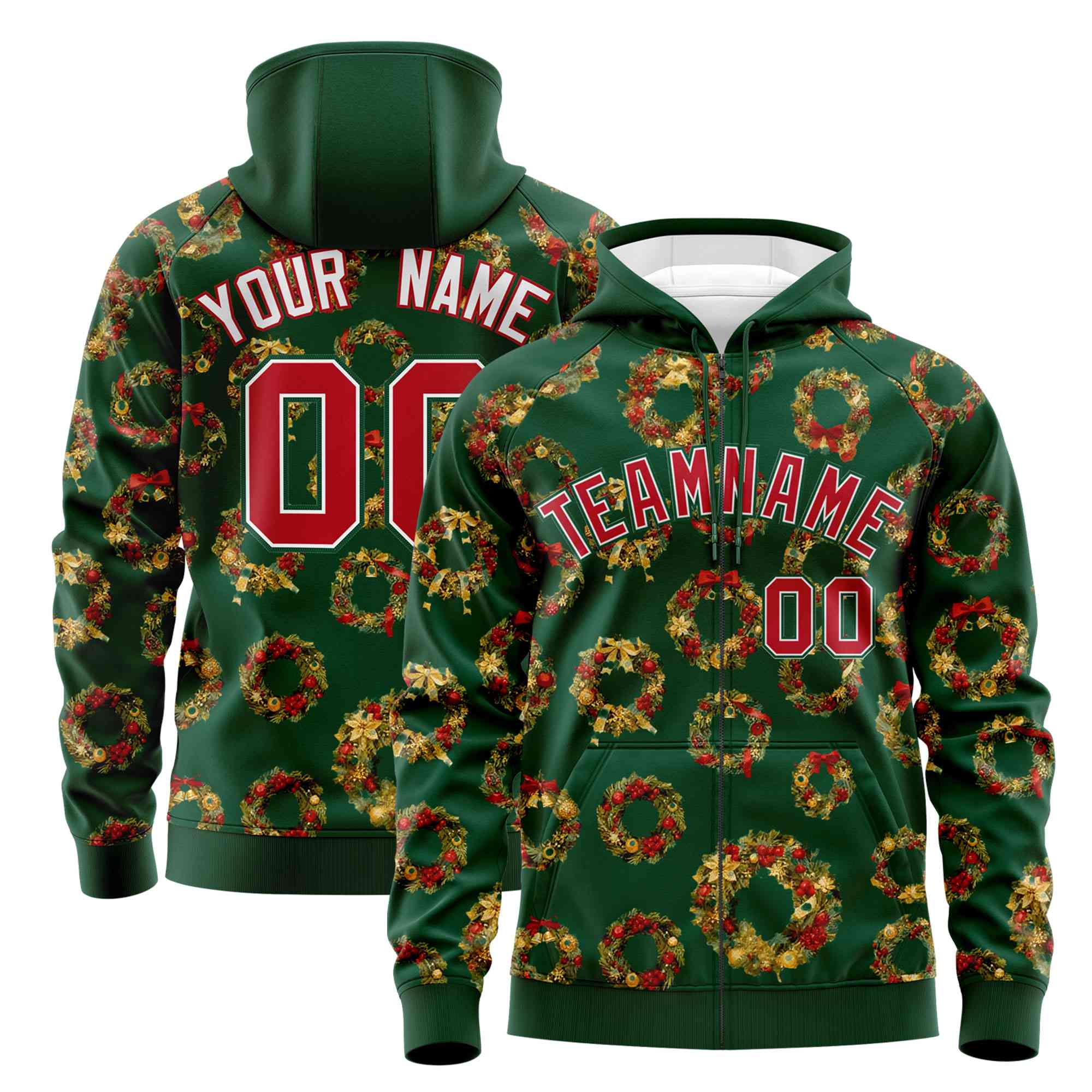 Custom Green Red Christmas Graffiti Pattern Athletic Pullover Hoodie