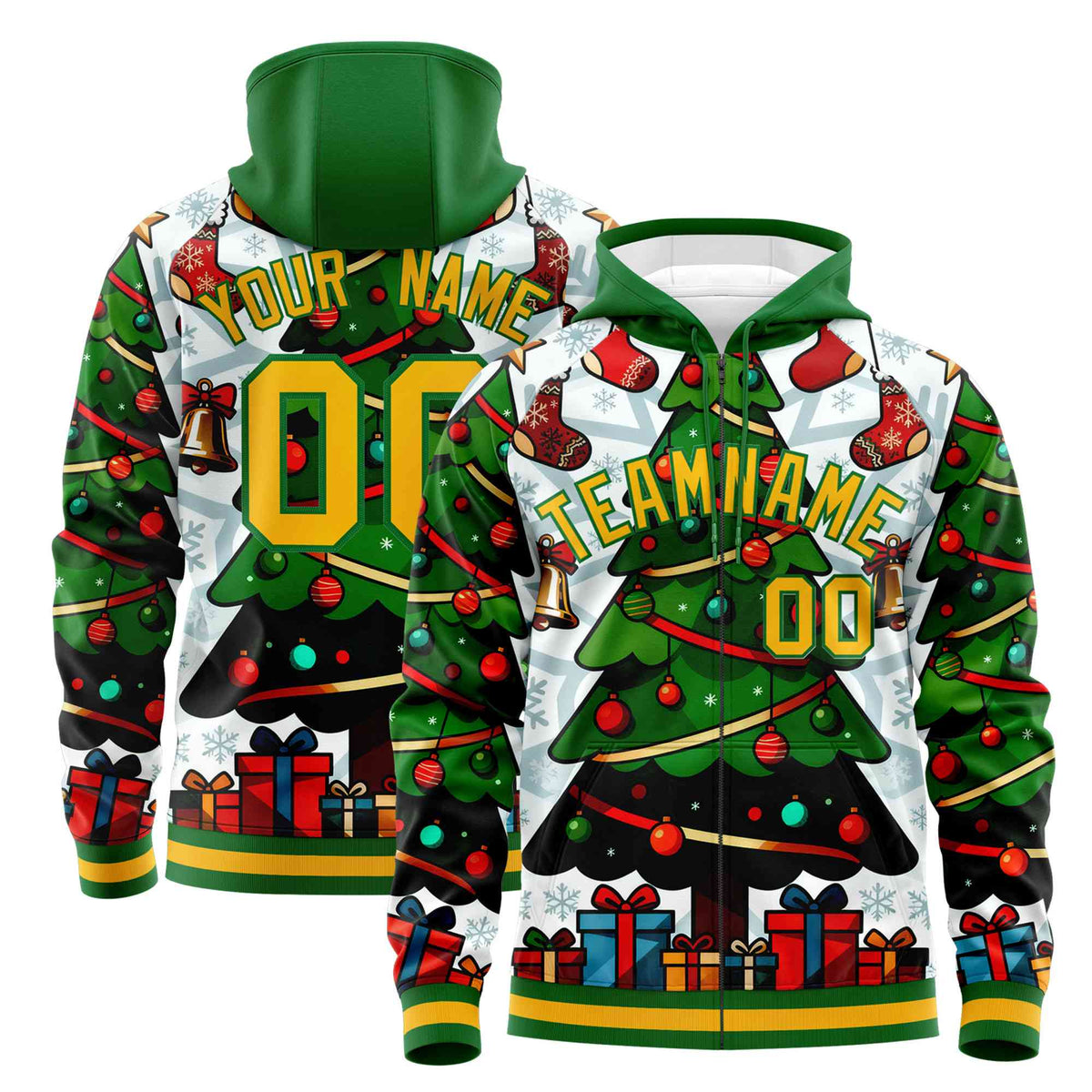 Custom Kelly Green Gold Christmas Graffiti Pattern Athletic Pullover Hoodie