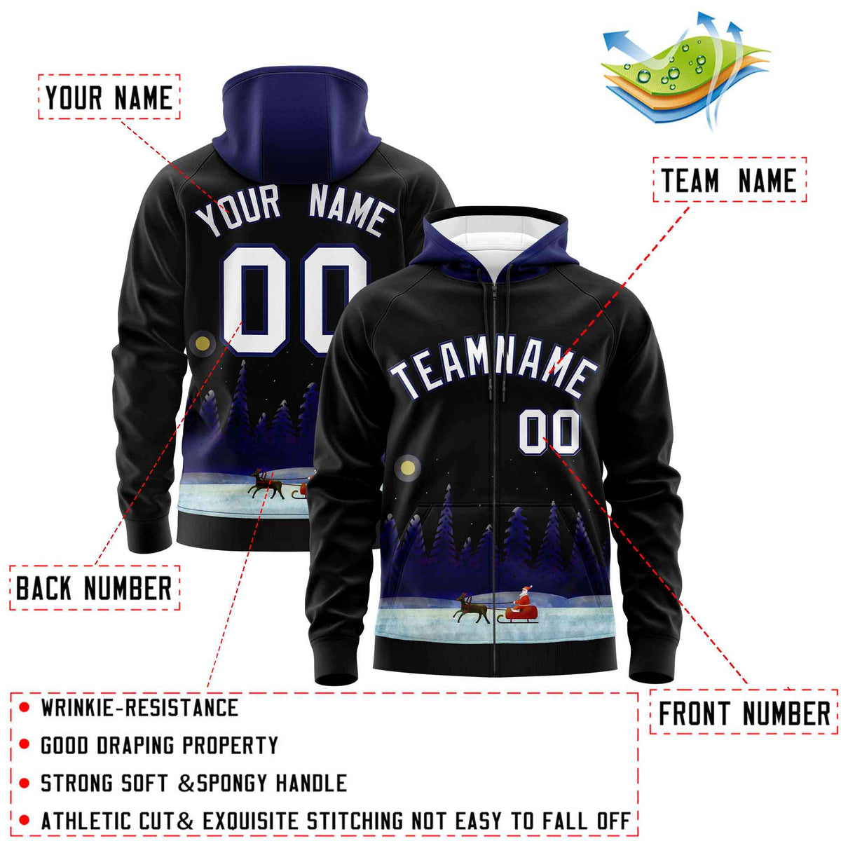 Custom Black Dark Blue Christmas Graffiti Pattern Athletic Pullover Hoodie