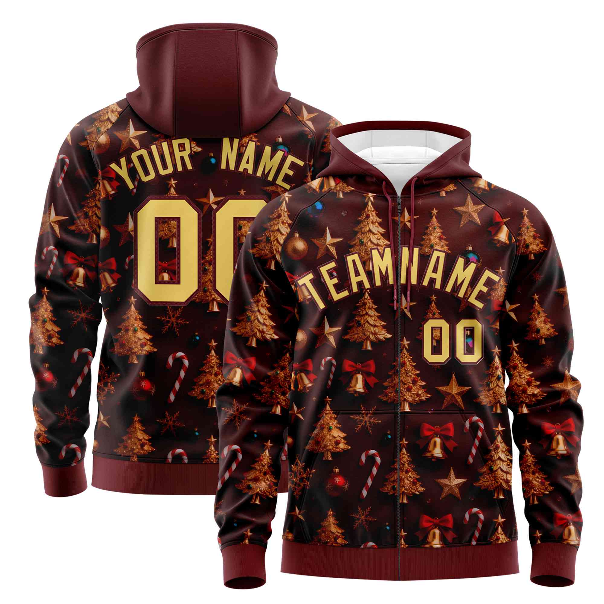 Custom Burgundy Khaki Christmas Graffiti Pattern Athletic Pullover Hoodie