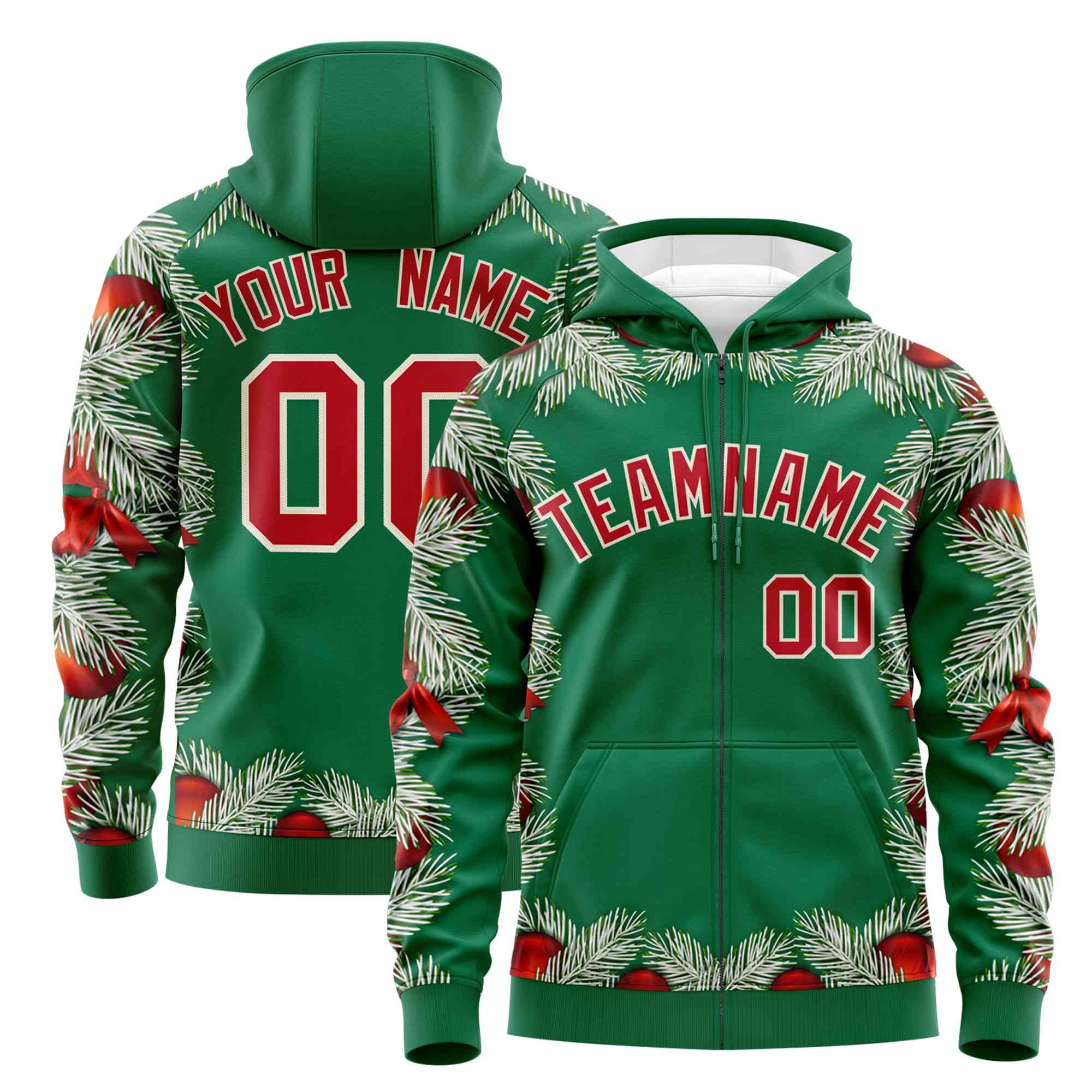 Custom Kelly Green Red Christmas Graffiti Pattern Athletic Pullover Hoodie