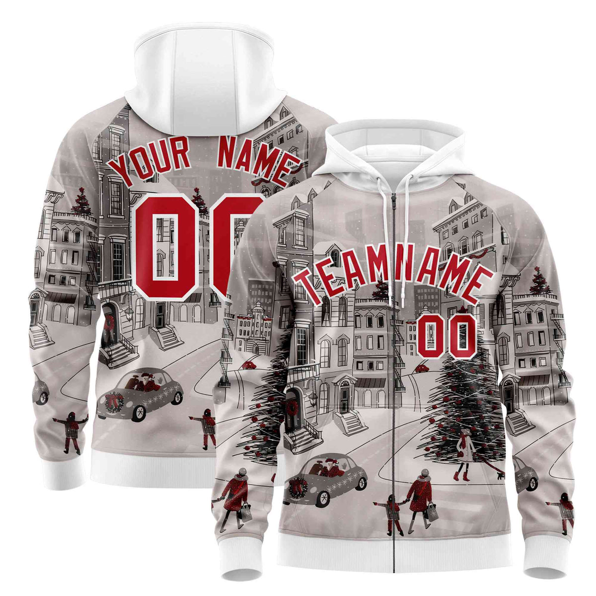 Custom White Red Christmas Graffiti Pattern Athletic Pullover Hoodie