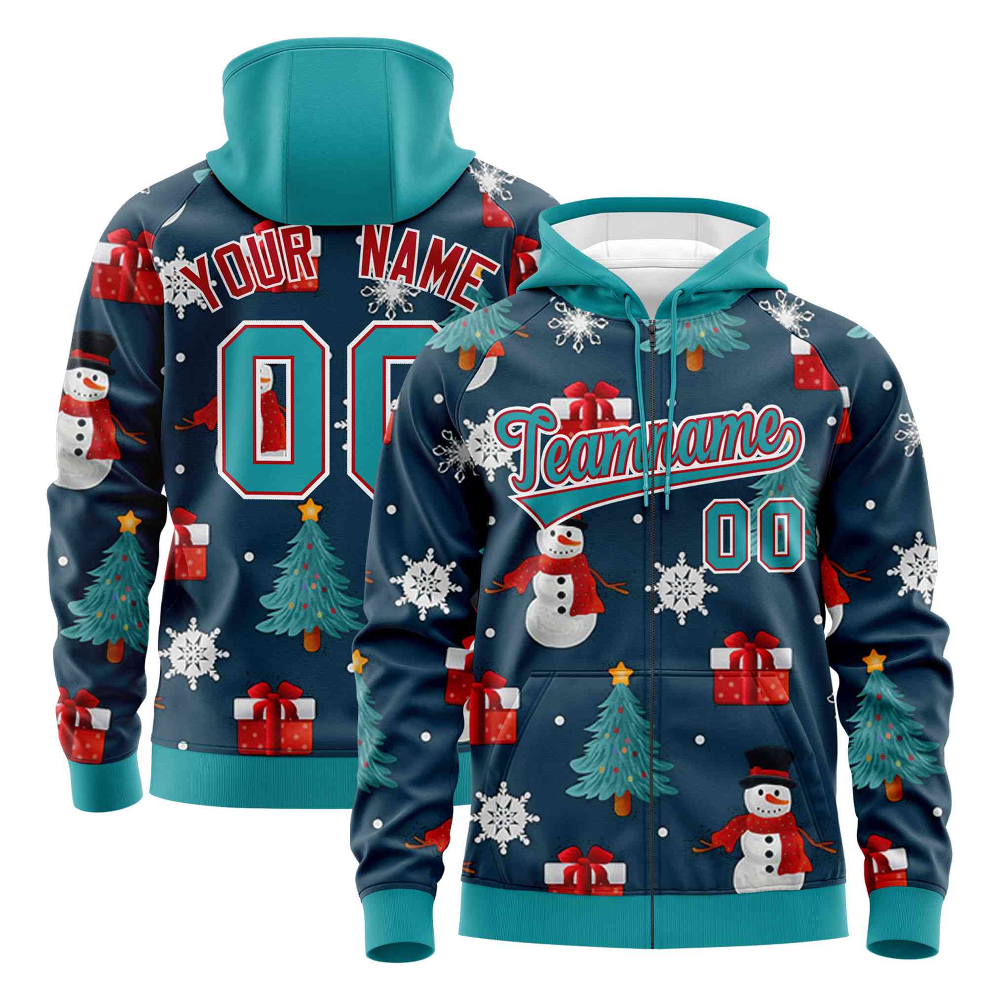Custom Midnight Blue Aqua Christmas Graffiti Pattern Athletic Pullover Hoodie| KXKSHOP