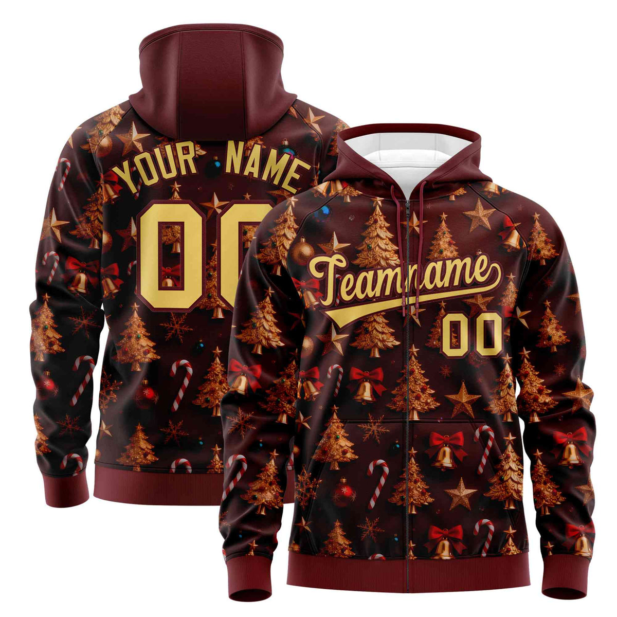 Custom Burgundy Khaki Christmas Graffiti Pattern Athletic Pullover Hoodie| KXKSHOP