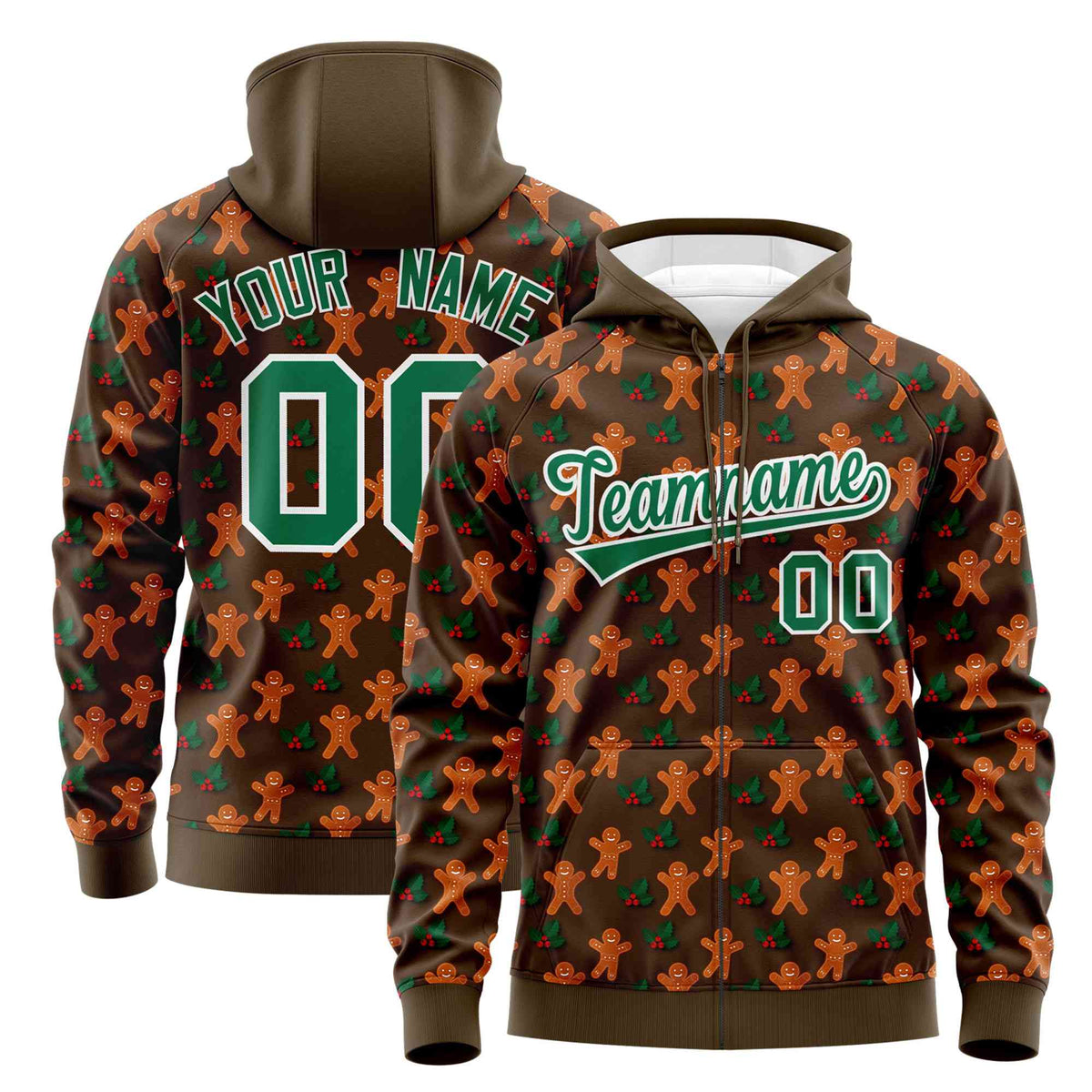 Custom Light Brown Kelly Green Christmas Graffiti Pattern Athletic Pullover Hoodie| KXKSHOP