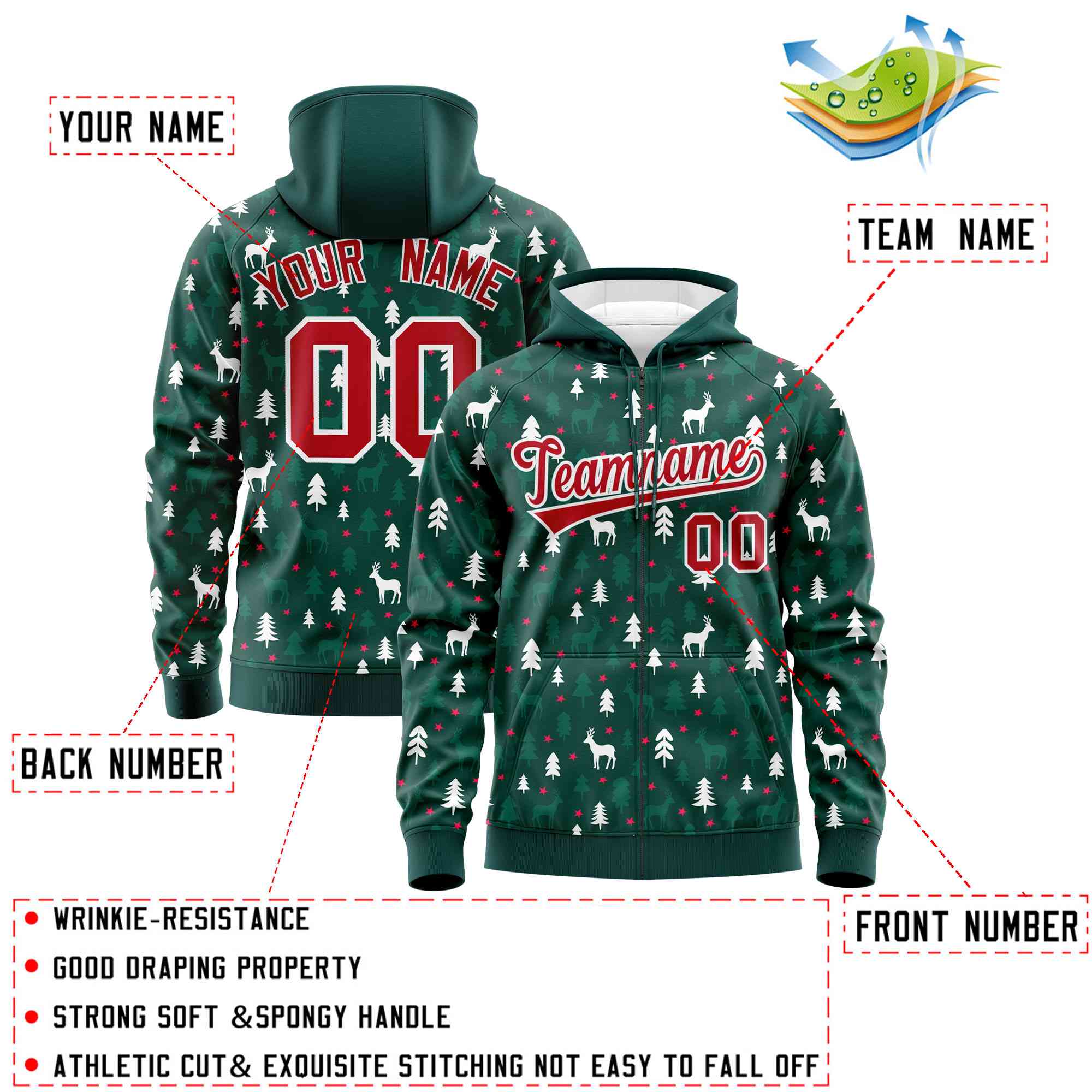 Custom Midnight Green Red Christmas Graffiti Pattern Athletic Pullover Hoodie| KXKSHOP