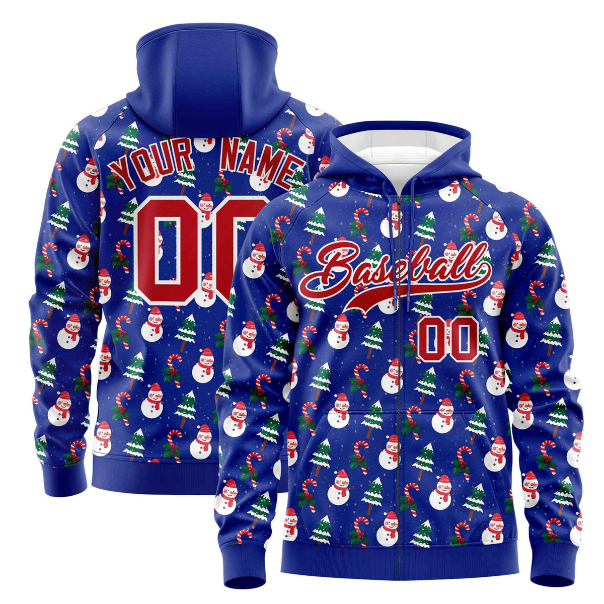 Custom Royal Blue Red Christmas Graffiti Pattern Athletic Pullover Hoodie
