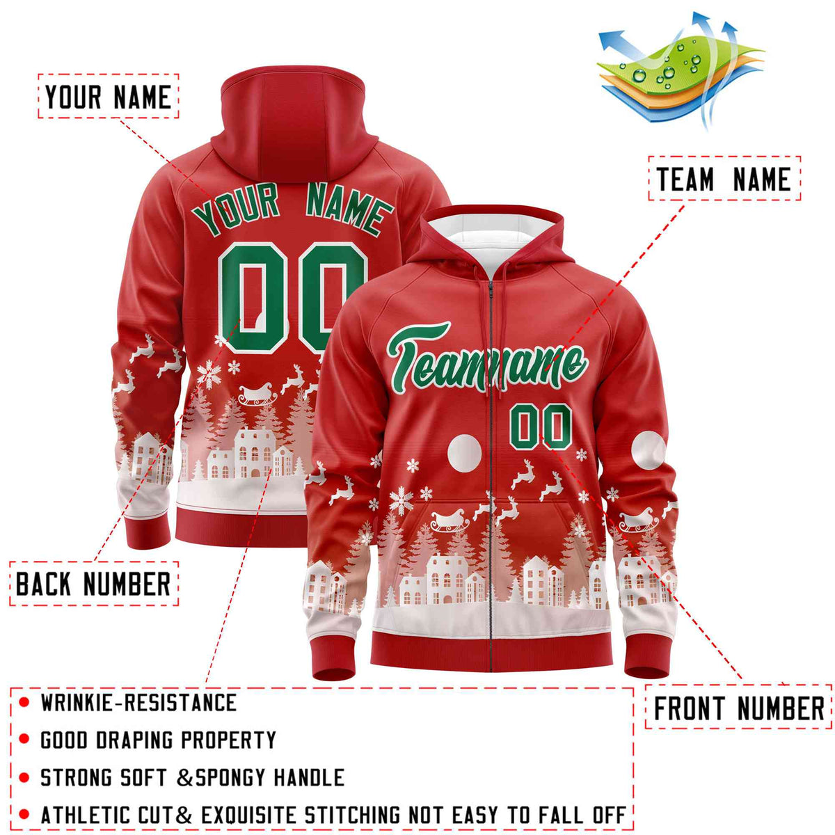 Custom Red Kelly Green Christmas Graffiti Pattern Athletic Pullover Hoodie
