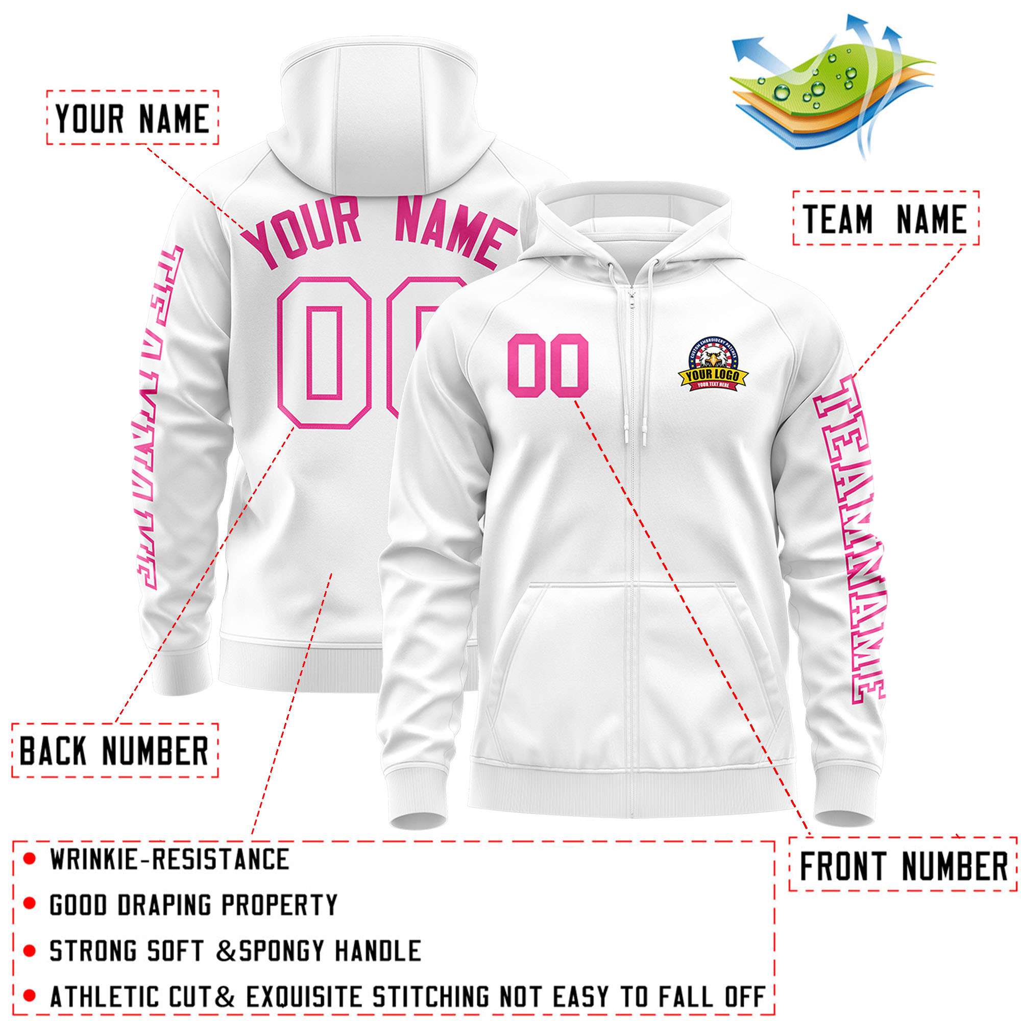 Custom White Pink Varsity Full-Zip Letterman Classic Jacket Hoodie| KXKSHOP