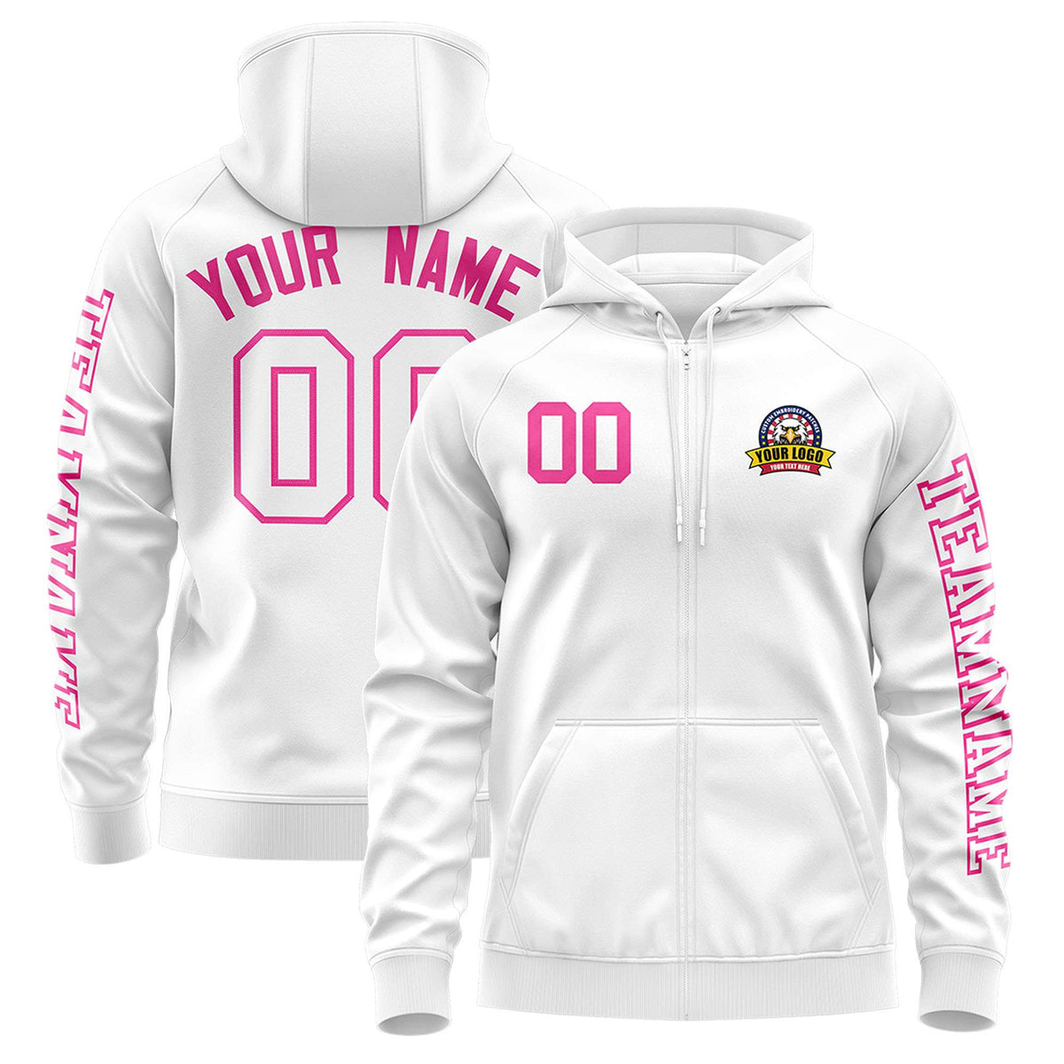 Custom White Pink Varsity Full-Zip Letterman Classic Jacket Hoodie| KXKSHOP