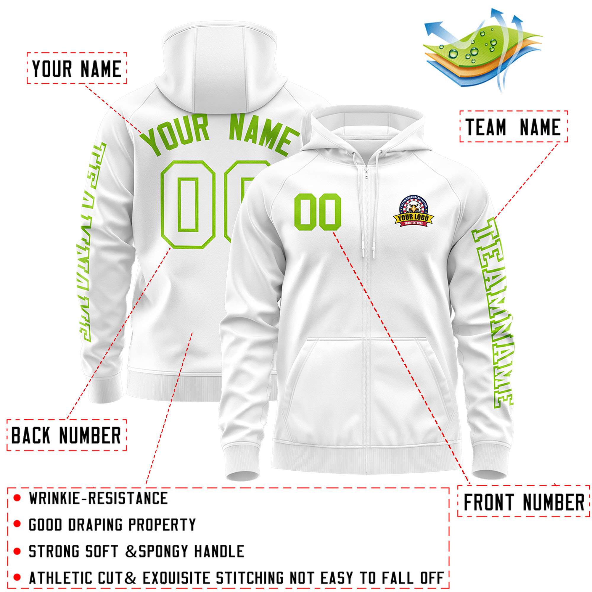 Custom White Neon Green Varsity Full-Zip Letterman Classic Jacket Hoodie| KXKSHOP