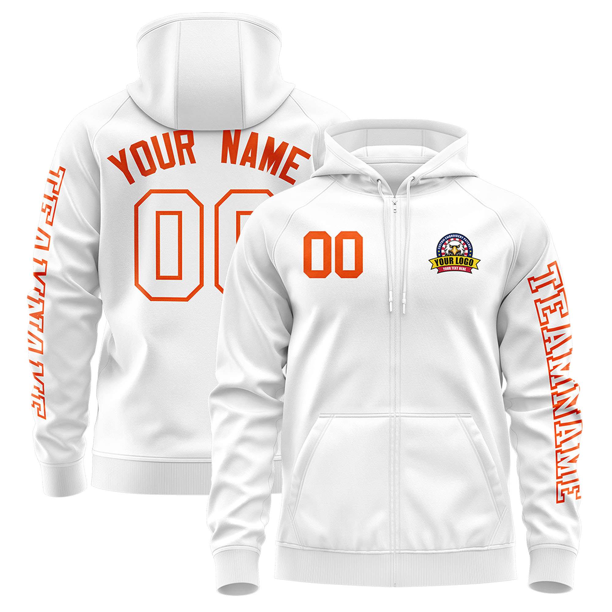 Custom White Orange Varsity Full-Zip Letterman Classic Jacket Hoodie| KXKSHOP