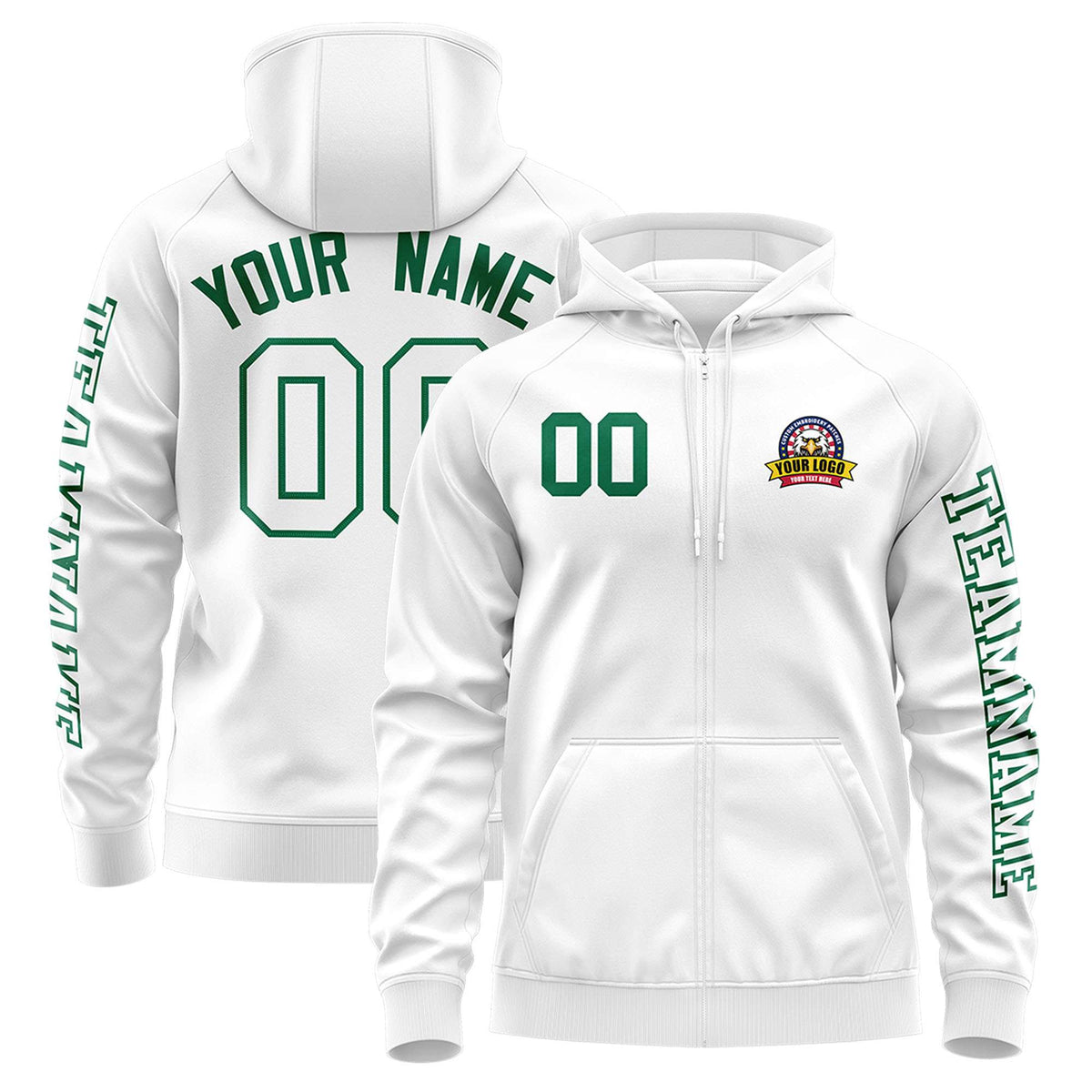 Custom White Kelly Green Varsity Full-Zip Letterman Classic Jacket Hoodie| KXKSHOP