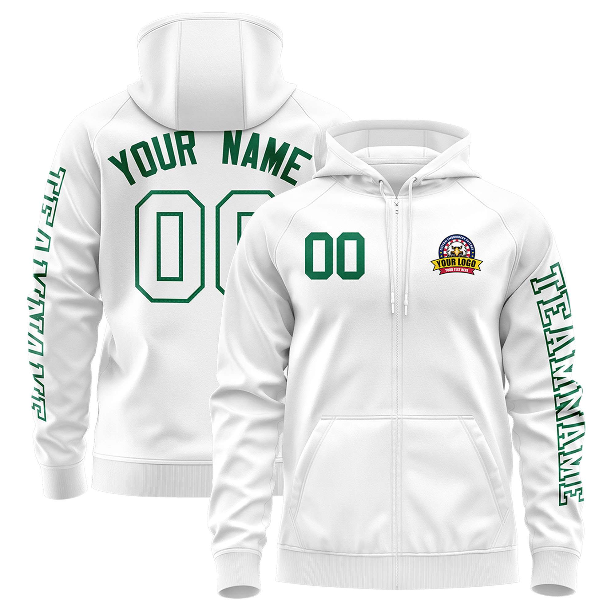 Custom White Kelly Green Varsity Full-Zip Letterman Classic Jacket Hoodie| KXKSHOP