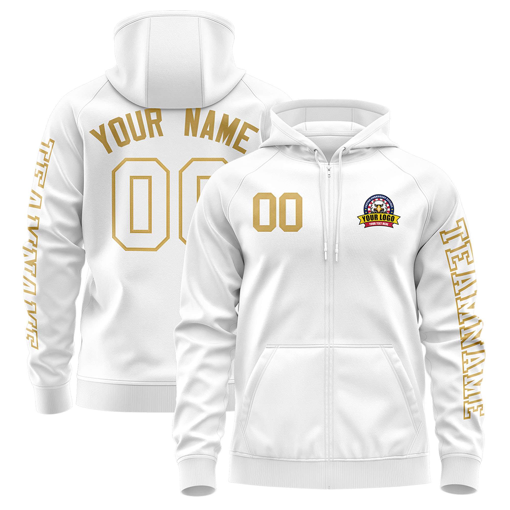 Custom White Old Gold Varsity Full-Zip Letterman Classic Jacket Hoodie| KXKSHOP