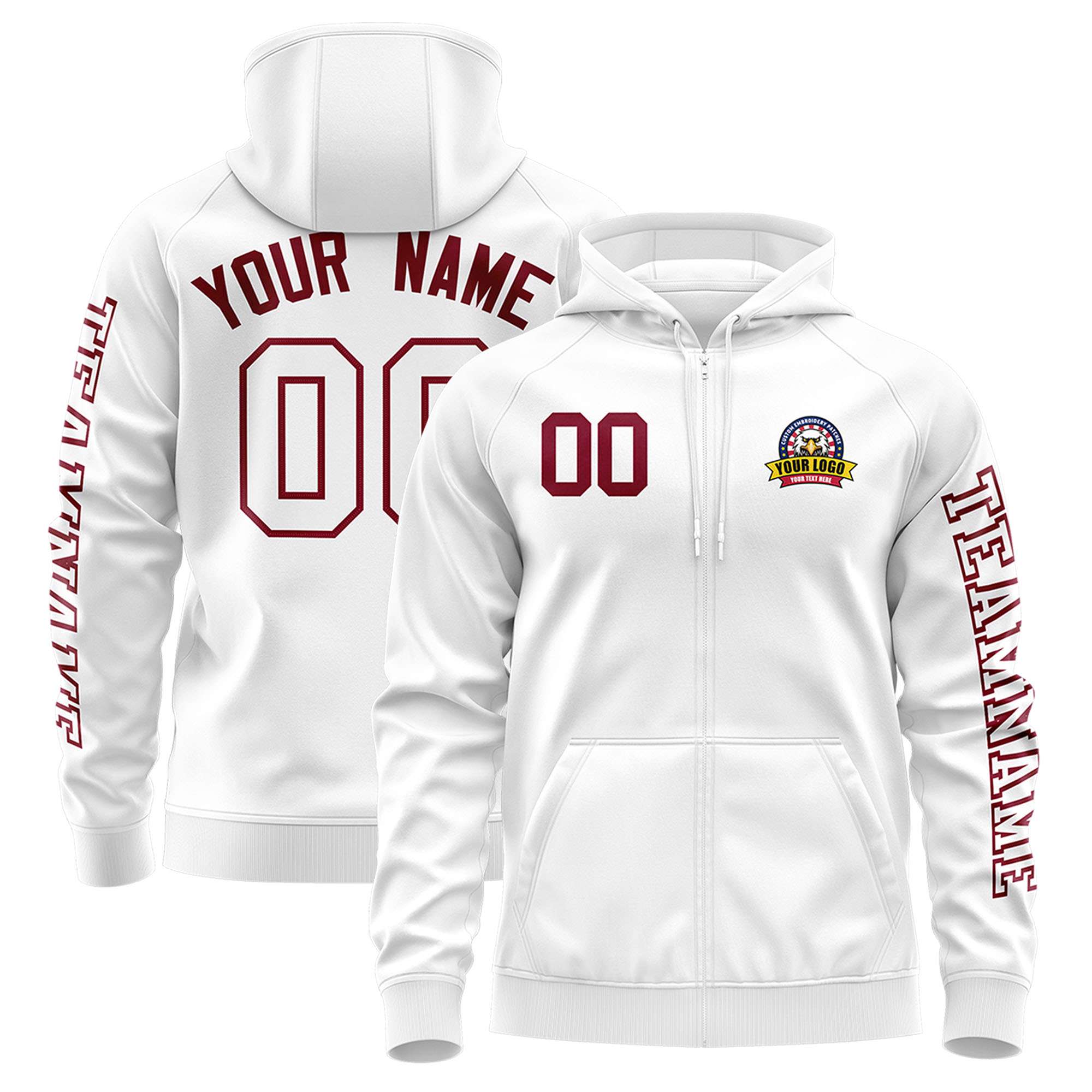 Custom White Crimson Varsity Full-Zip Letterman Classic Jacket Hoodie| KXKSHOP