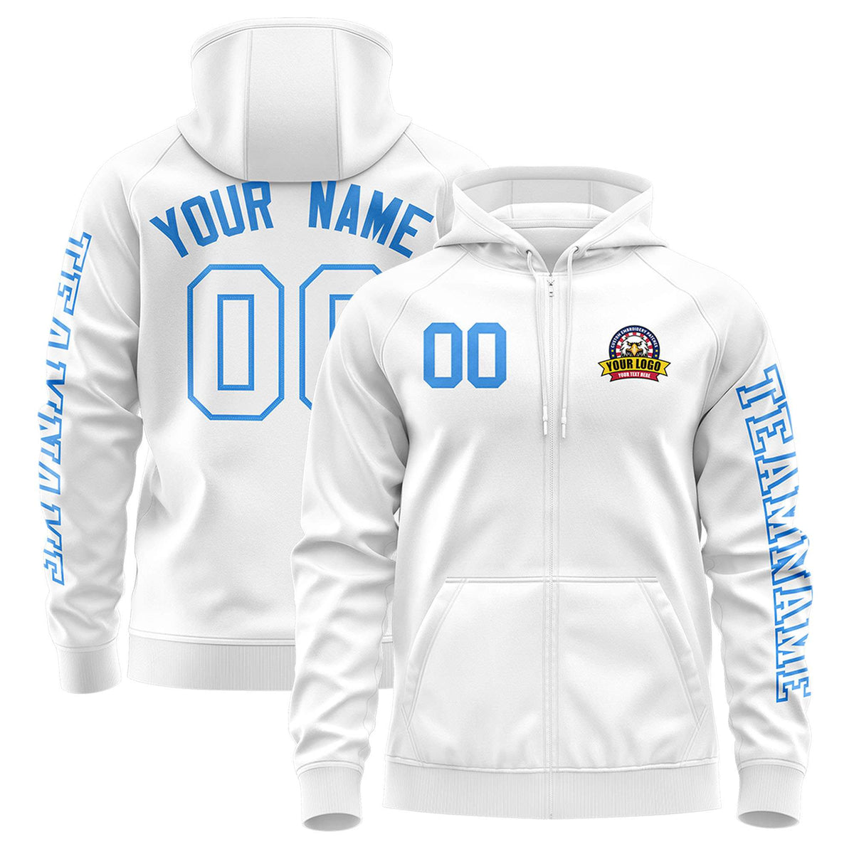 Custom White Powder Blue Varsity Full-Zip Letterman Classic Jacket Hoodie| KXKSHOP