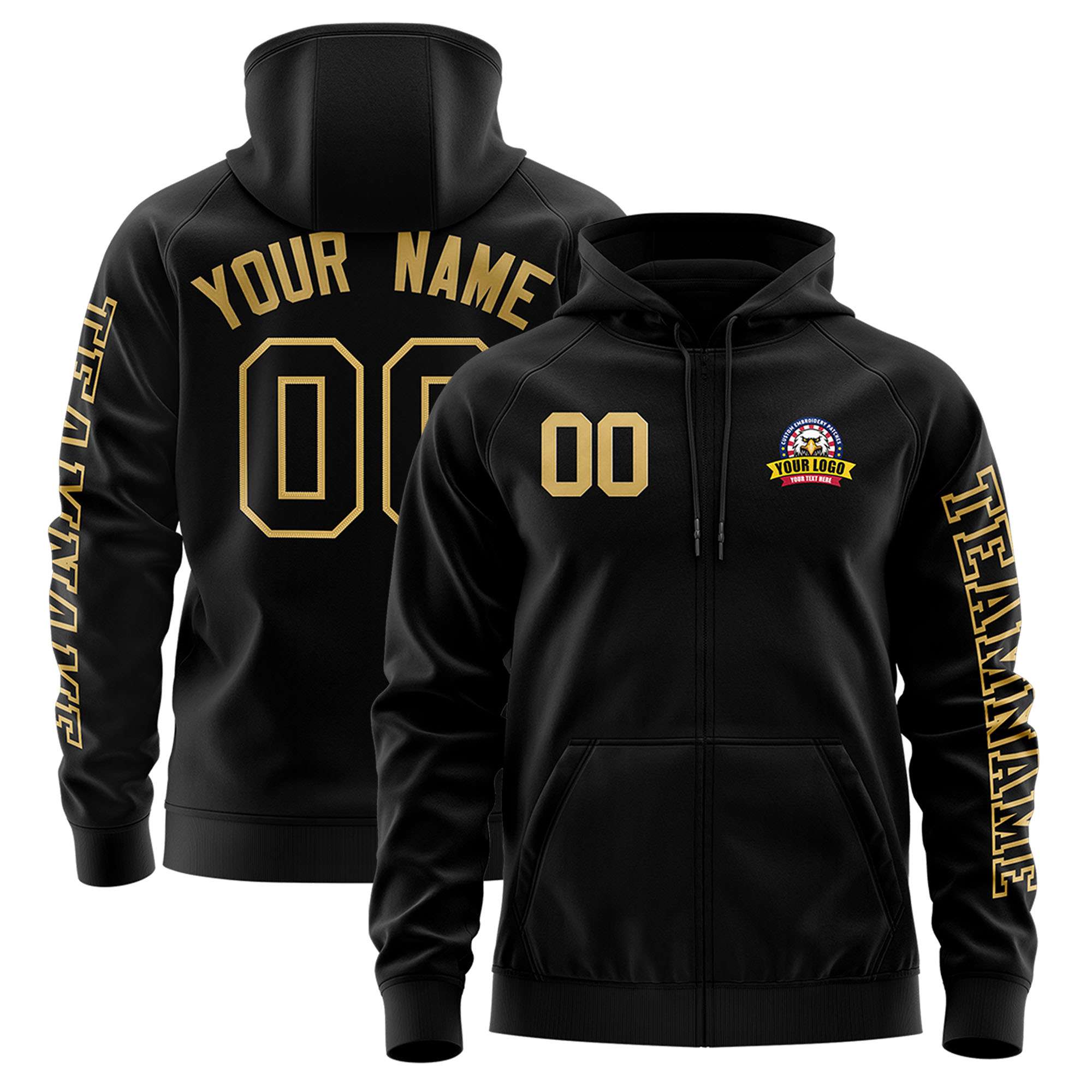 Custom Black Old Gold Varsity Full-Zip Letterman Classic Jacket Hoodie| KXKSHOP