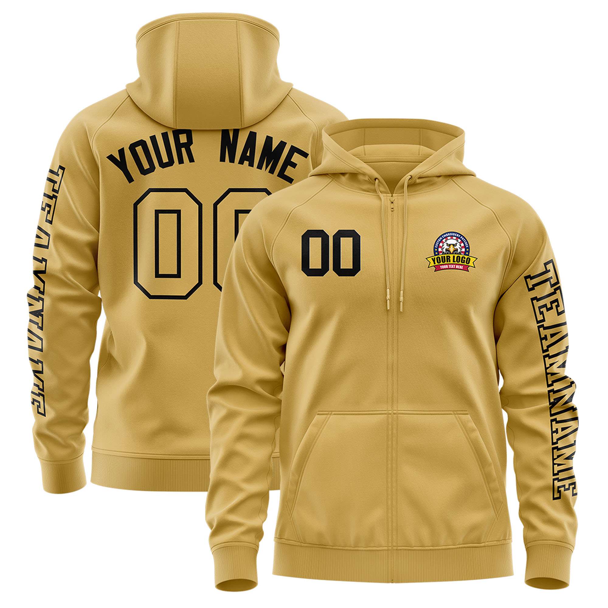 Custom Old Gold Black Varsity Full-Zip Letterman Classic Jacket Hoodie| KXKSHOP