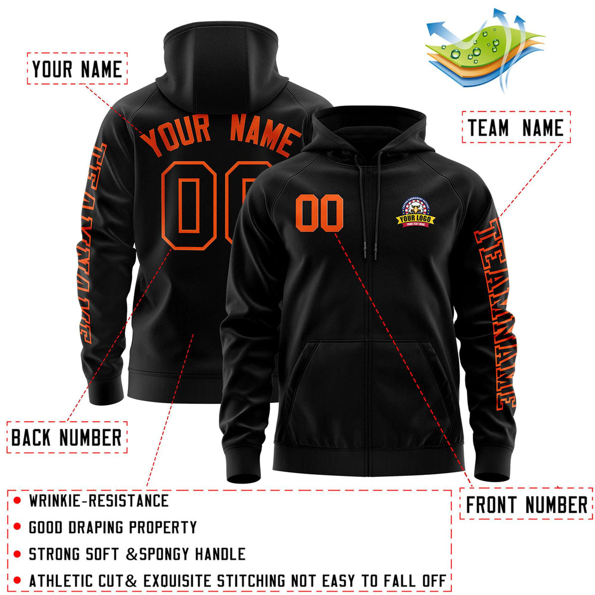 Custom Black Orange Varsity Full-Zip Letterman Classic Jacket Hoodie| KXKSHOP