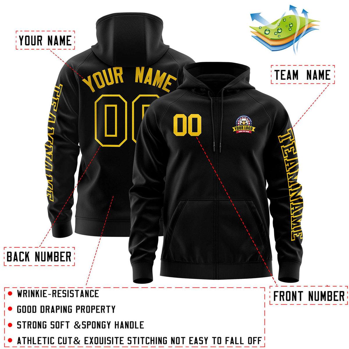 Custom Black Gold Varsity Full-Zip Letterman Classic Jacket Hoodie| KXKSHOP