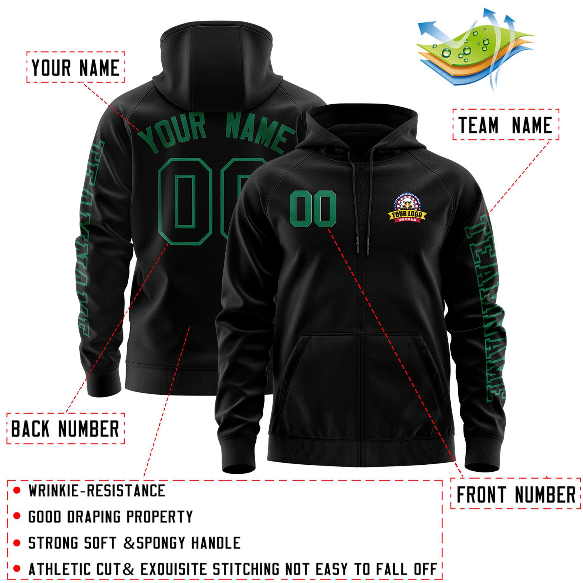 Custom Black Kelly Green Varsity Full-Zip Letterman Classic Jacket Hoodie| KXKSHOP