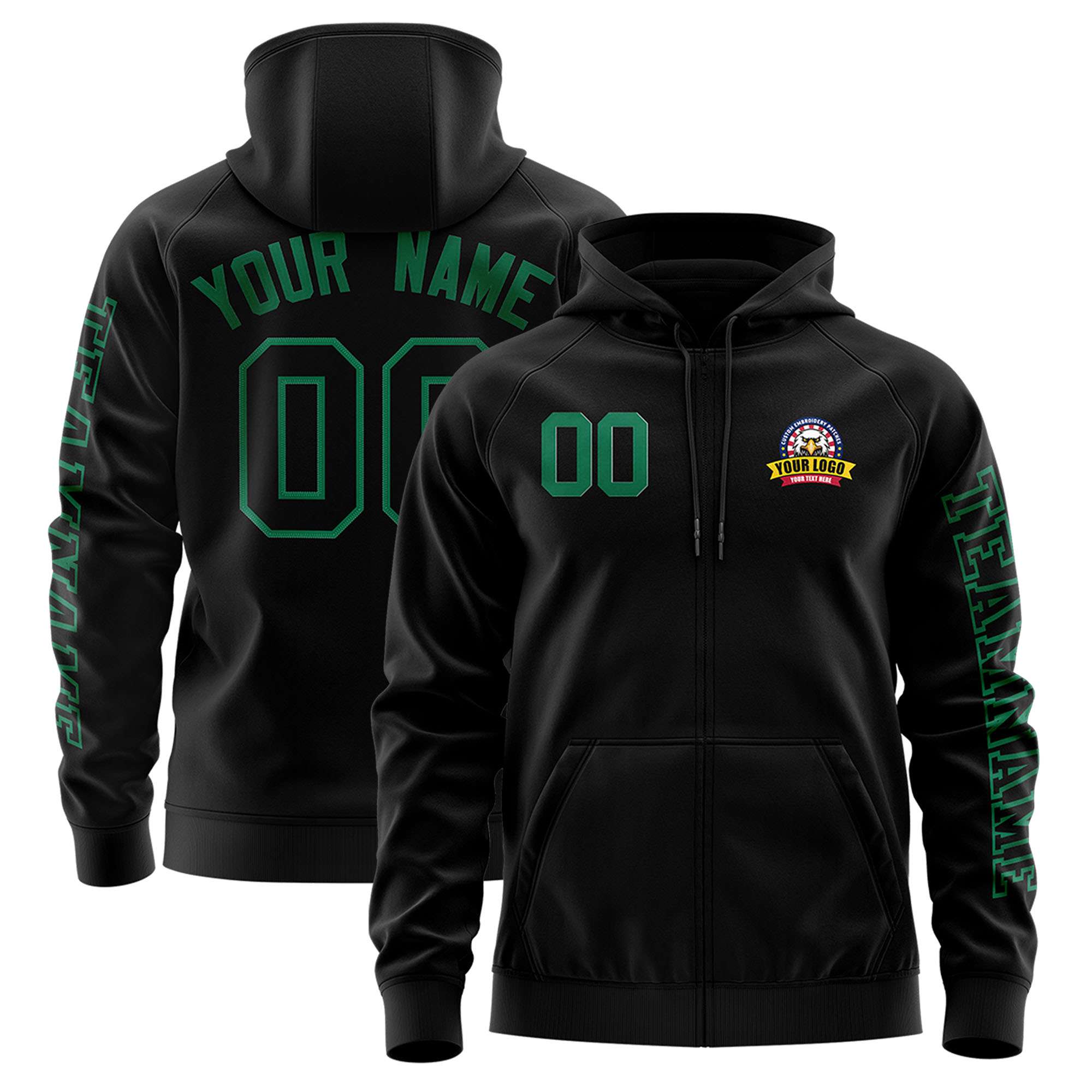 Custom Black Kelly Green Varsity Full-Zip Letterman Classic Jacket Hoodie| KXKSHOP